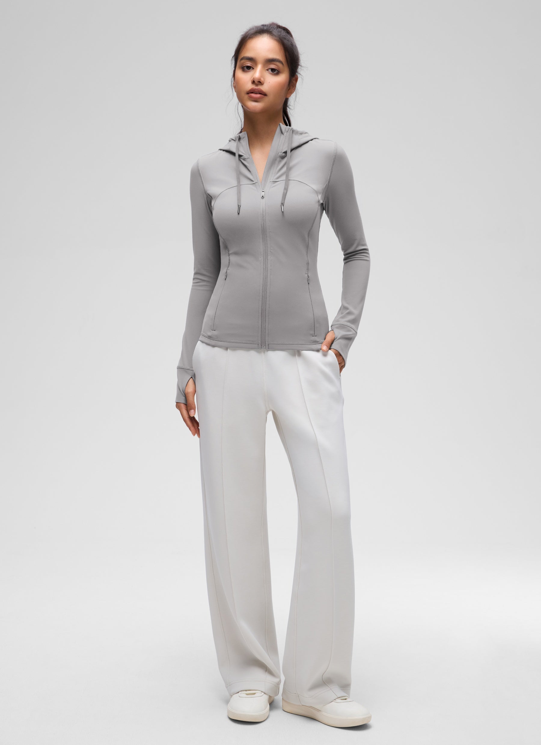 Jaket Berhud Zip Penuh Poket Potongan Langsing Butterluxe Wanita CRZ YOGA Kelabu Gull
