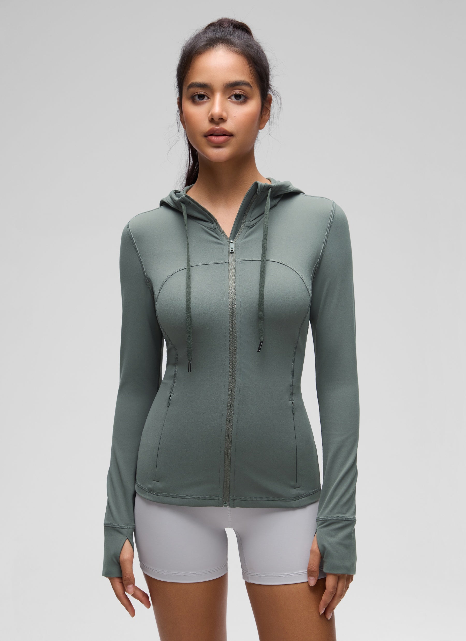 Jaket Berhud Zip Penuh Poket Potongan Langsing Butterluxe Wanita CRZ YOGA Kelabu Sage