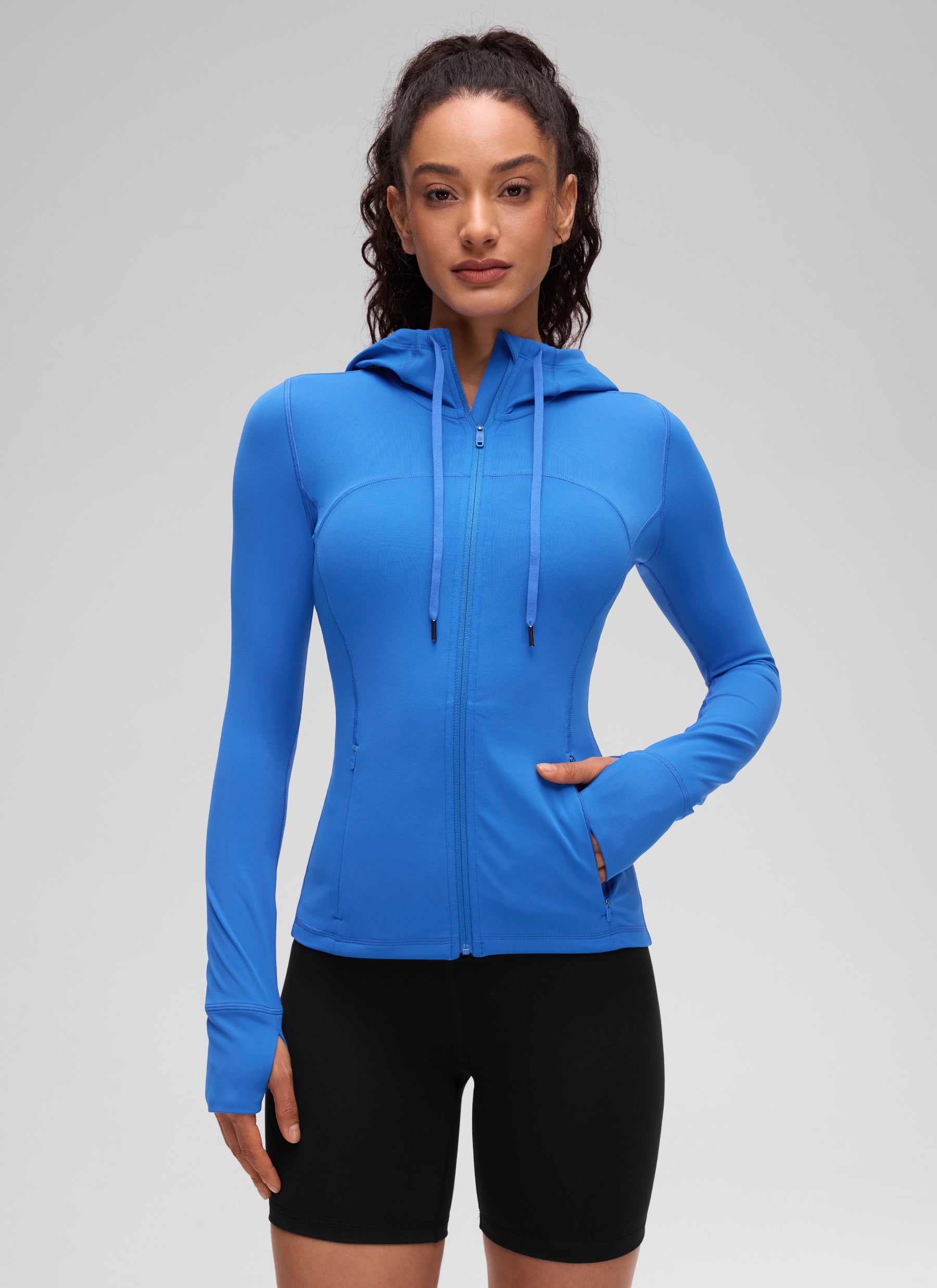 Jaket Berhud Zip Penuh Poket Potongan Langsing Butterluxe Wanita CRZ YOGA Biru Berkilau
