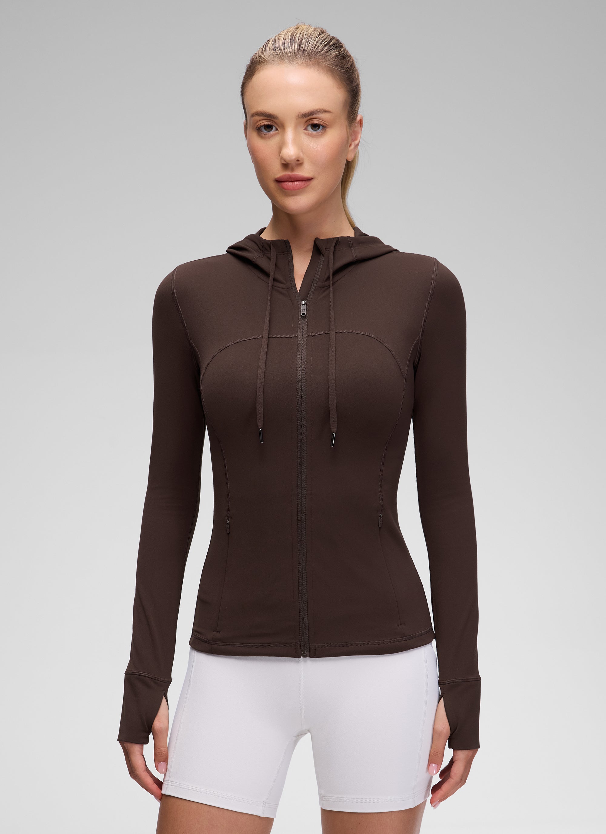 Jaket Berhud Zip Penuh Poket Potongan Langsing Butterluxe Wanita CRZ YOGA Perang Hot Fudge