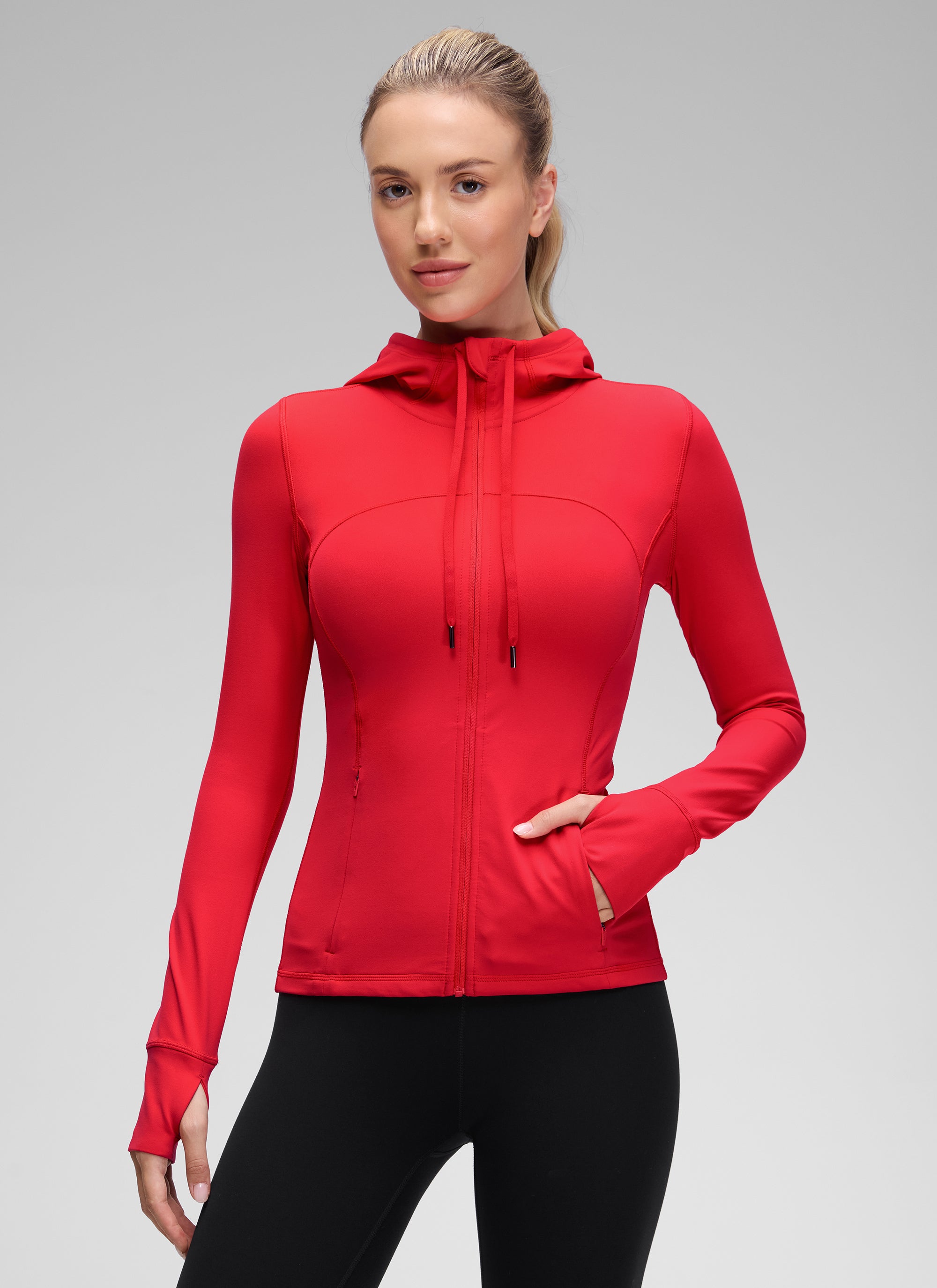Jaket Berhud Zip Penuh Poket Potongan Langsing Butterluxe Wanita CRZ YOGA Merah Aurora