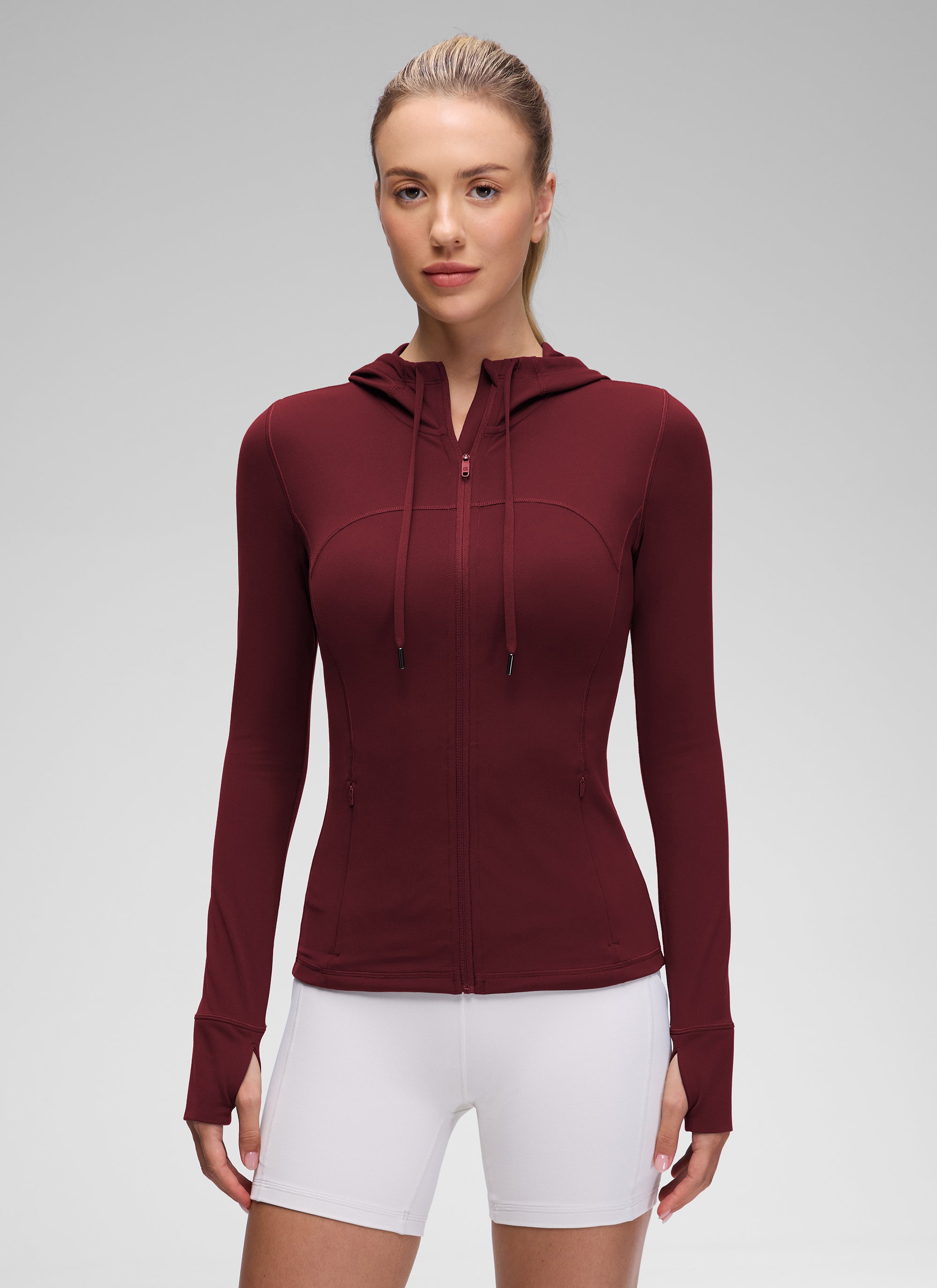 Jaket Berhud Zip Penuh Poket Potongan Langsing Butterluxe Wanita CRZ YOGA Merah Merlot