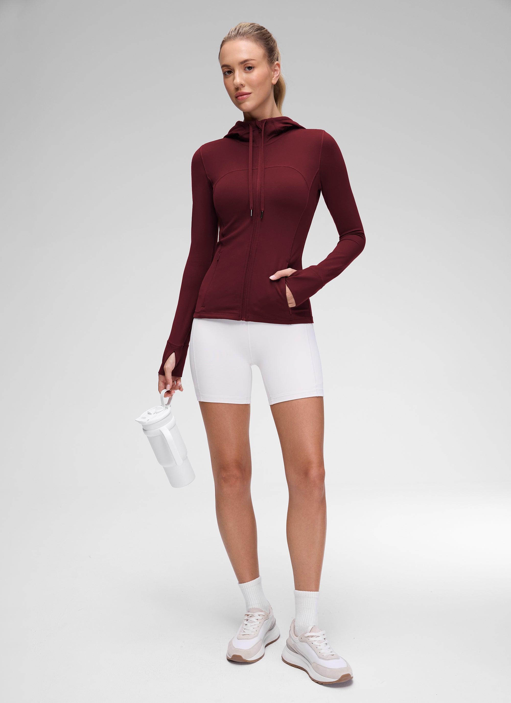 Jaket Berhud Zip Penuh Poket Potongan Langsing Butterluxe Wanita CRZ YOGA Merah Merlot