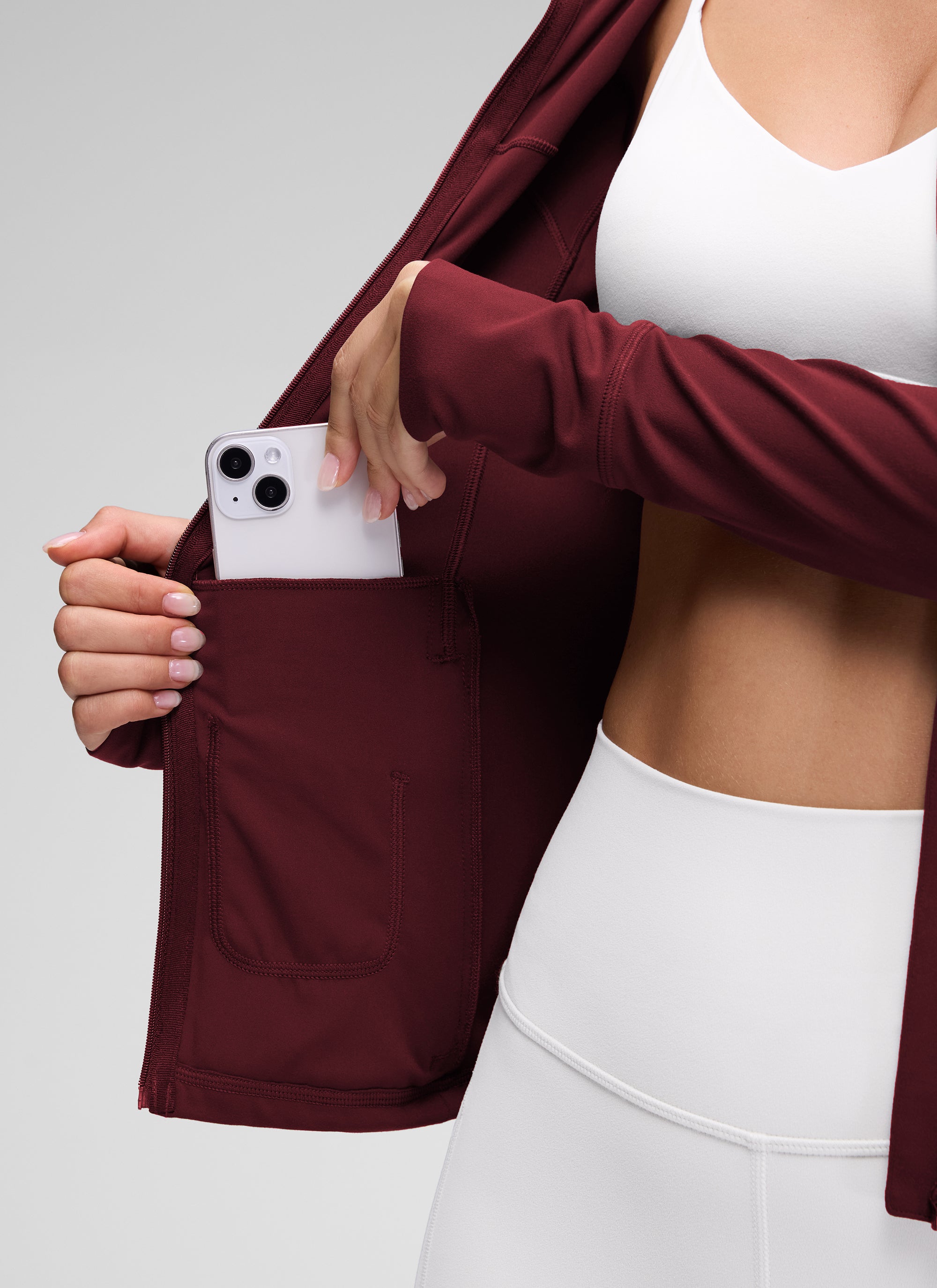 Jaket Berhud Zip Penuh Poket Potongan Langsing Butterluxe Wanita CRZ YOGA Merah Merlot