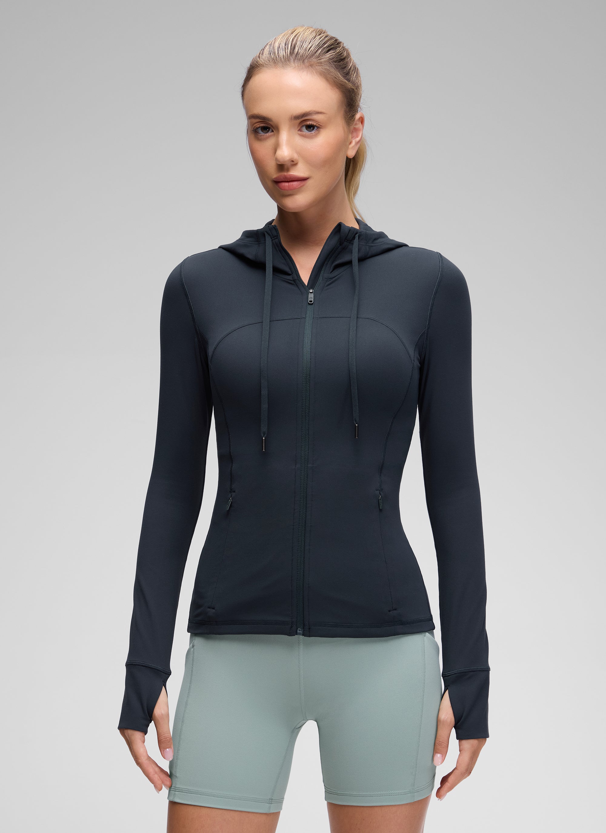Jaket Berhud Zip Penuh Poket Potongan Langsing Butterluxe Wanita CRZ YOGA Biru Navy Tulen