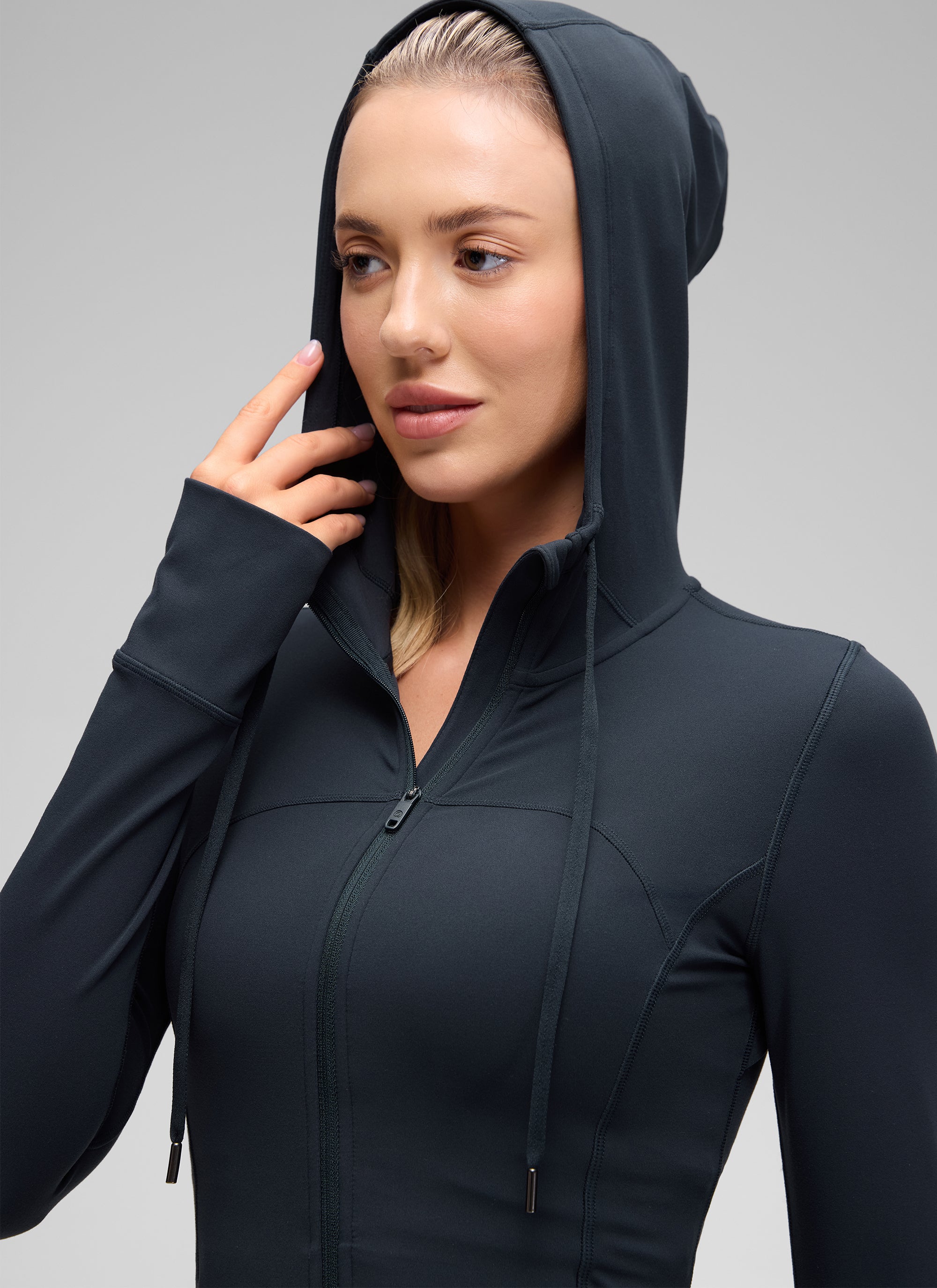 Jaket Berhud Zip Penuh Poket Potongan Langsing Butterluxe Wanita CRZ YOGA Biru Navy Tulen