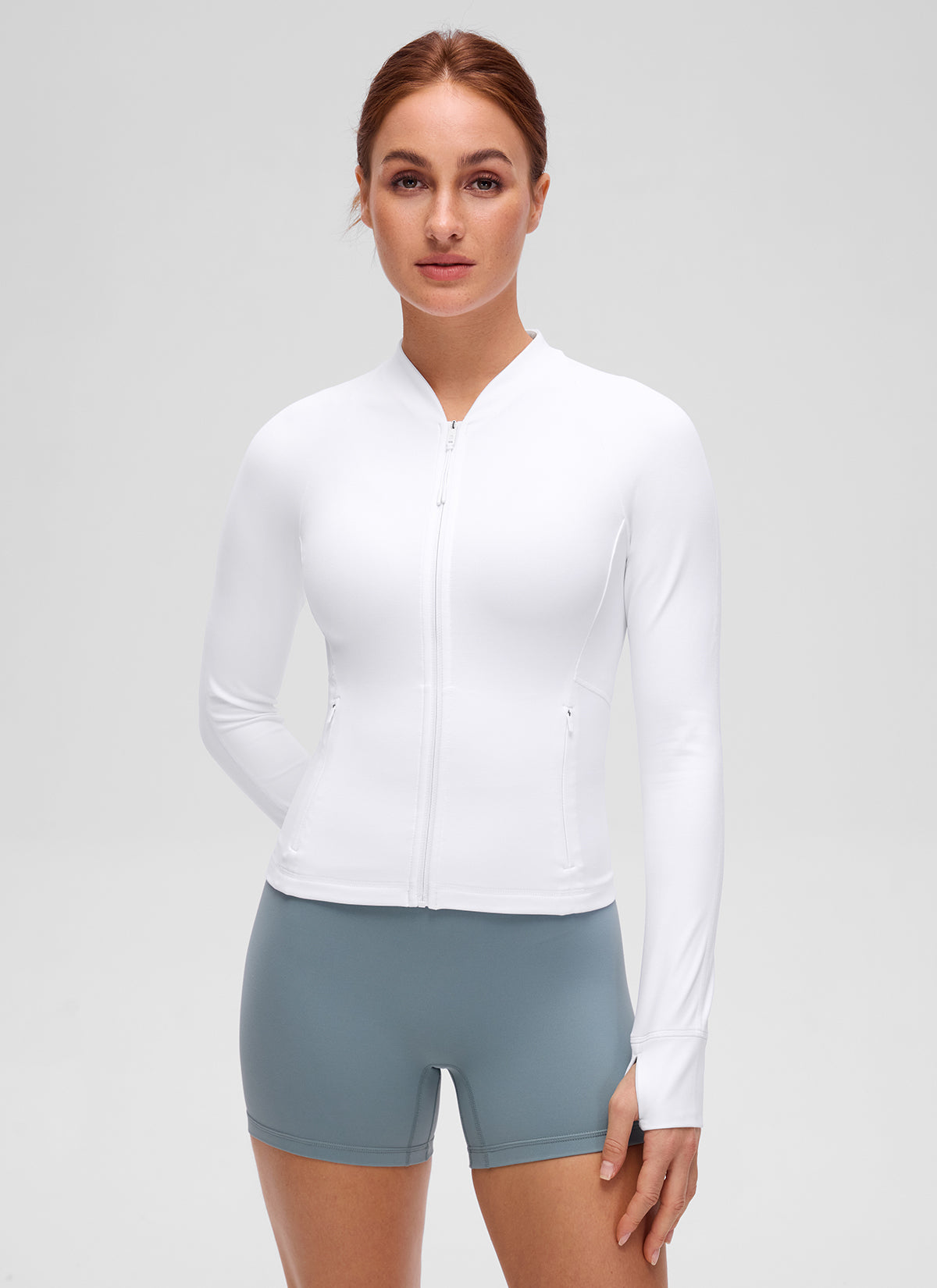 CRZ YOGA 여성용 Butterluxe 캐주얼 V 넥 허리 기장 포켓 자켓 화이트