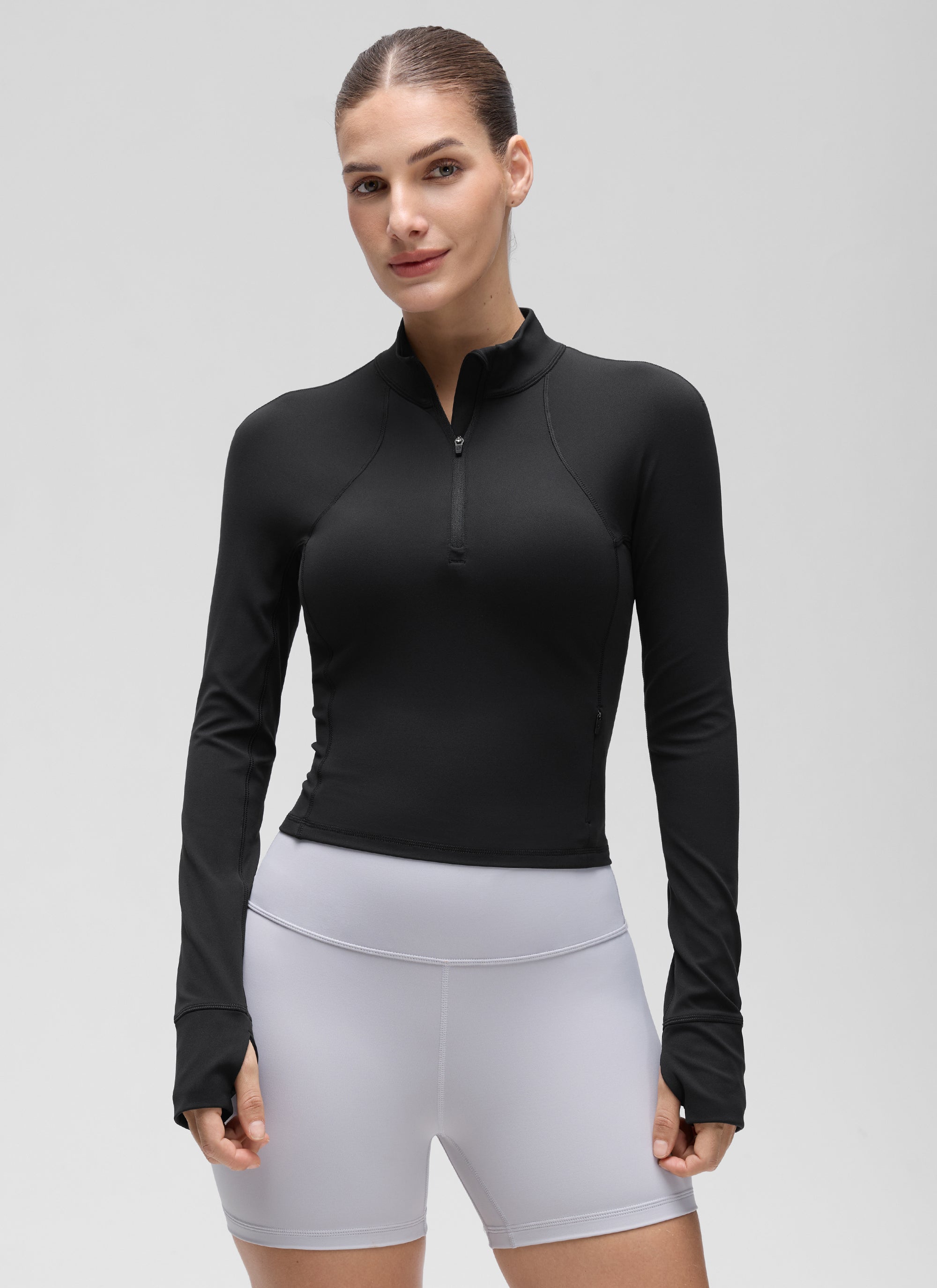 Baju Yoga Slim Fit Wanita CRZ YOGA Butterluxe Lengan Panjang Separuh Zip Hitam