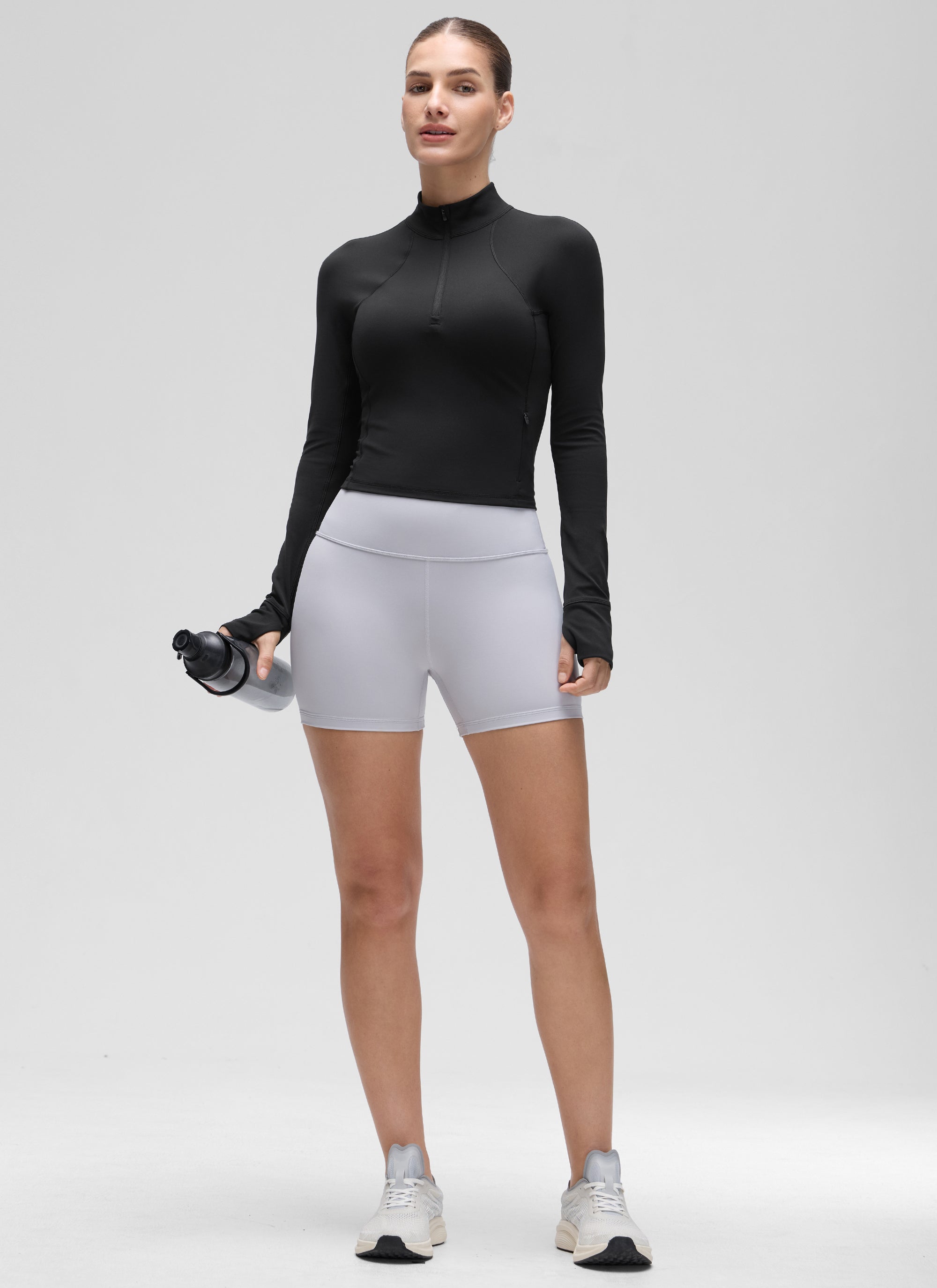 Baju Yoga Slim Fit Wanita CRZ YOGA Butterluxe Lengan Panjang Separuh Zip Hitam