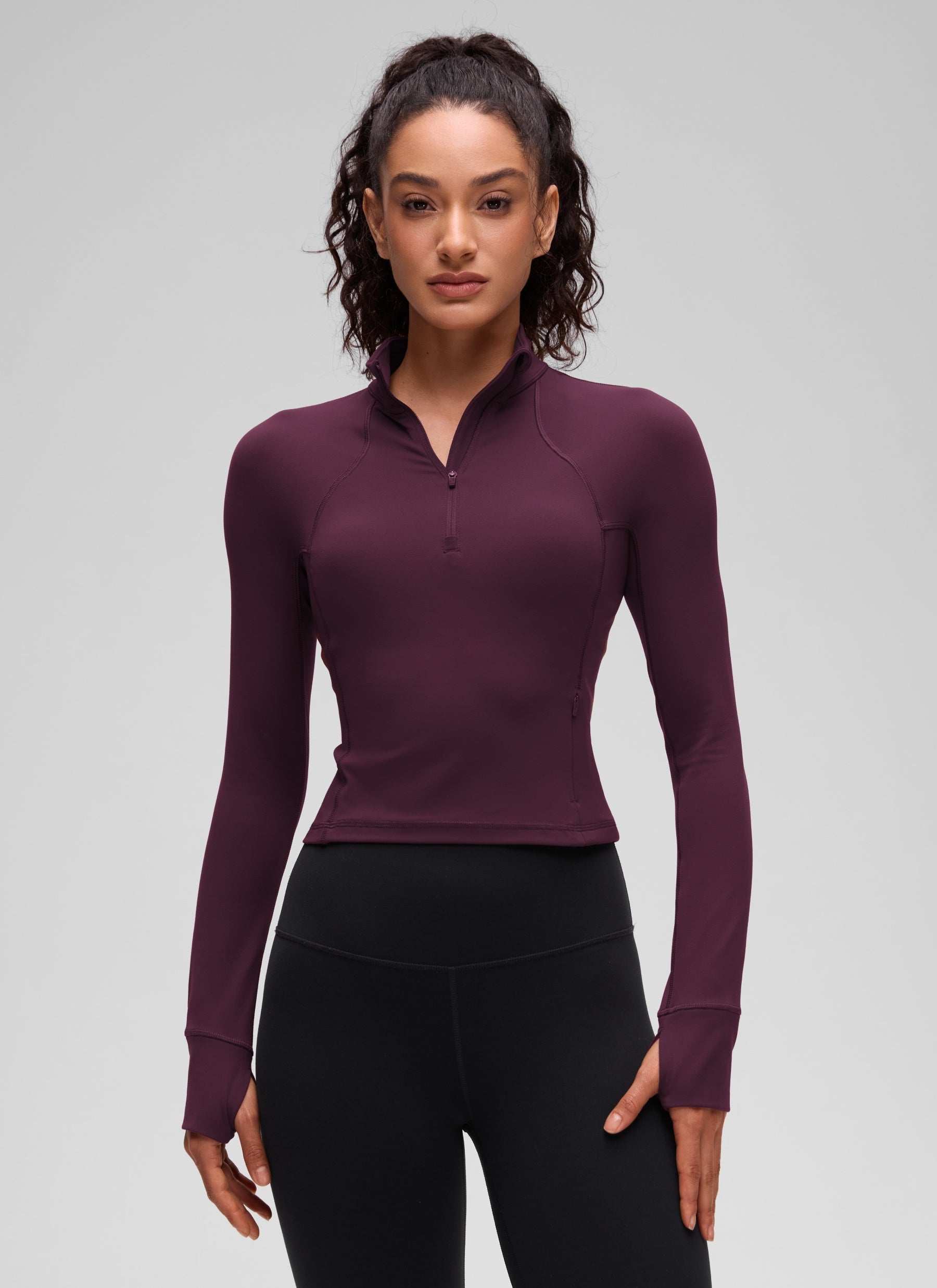 Baju Yoga Slim Fit Wanita CRZ YOGA Butterluxe Ungu Tua Lengan Panjang Separuh Zip