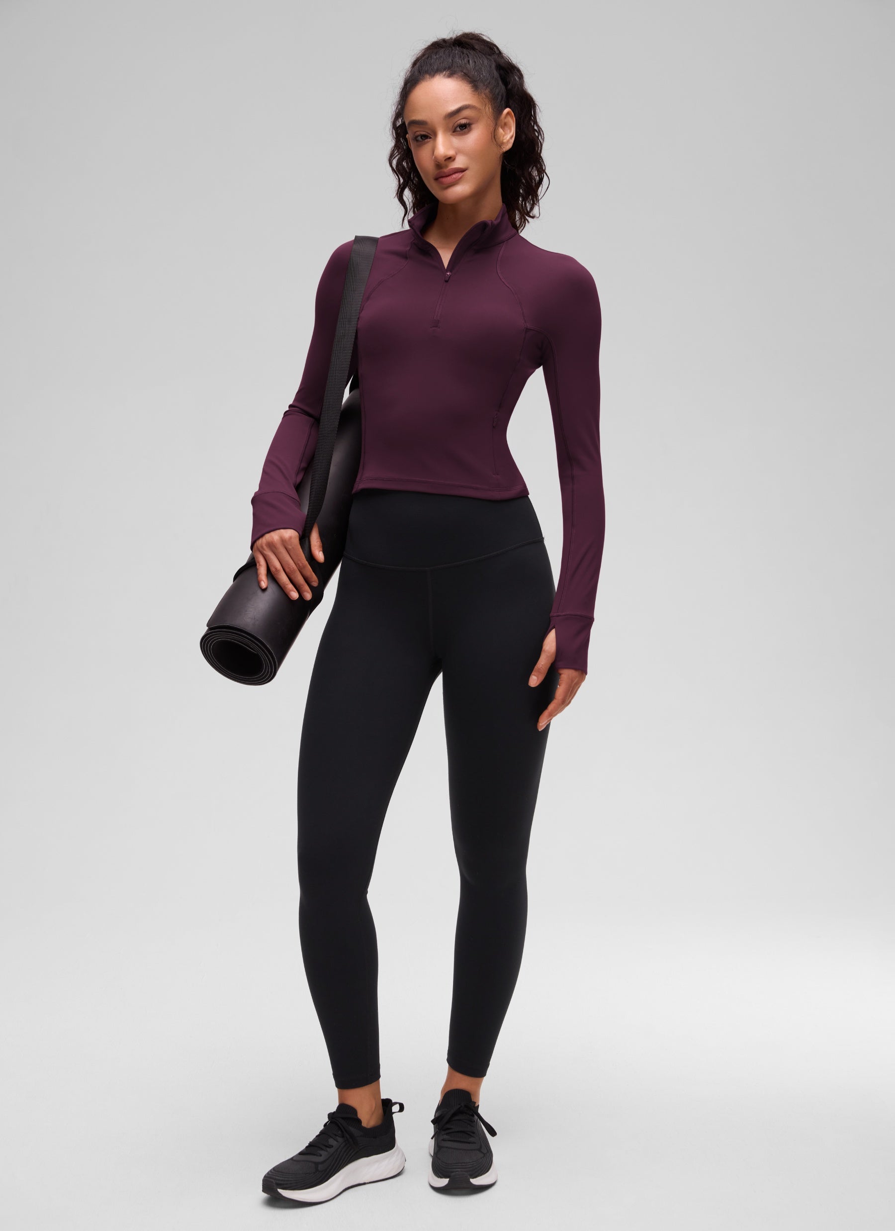 Baju Yoga Slim Fit Wanita CRZ YOGA Butterluxe Ungu Tua Lengan Panjang Separuh Zip
