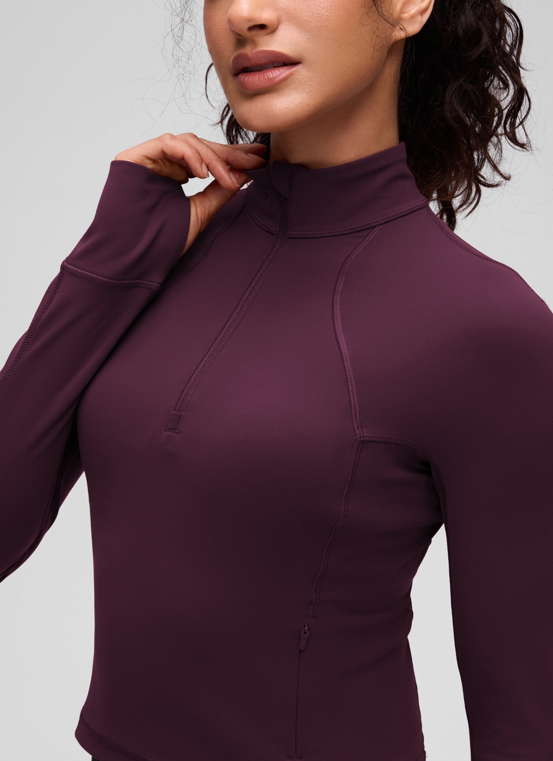 Baju Yoga Slim Fit Wanita CRZ YOGA Butterluxe Ungu Tua Lengan Panjang Separuh Zip