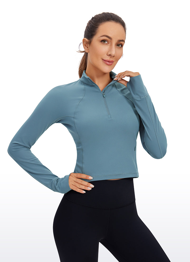 CRZ YOGA Women's Yoga Slim Fit Tops Butterluxe Half-Zip Long Sleeve Blue Ashes