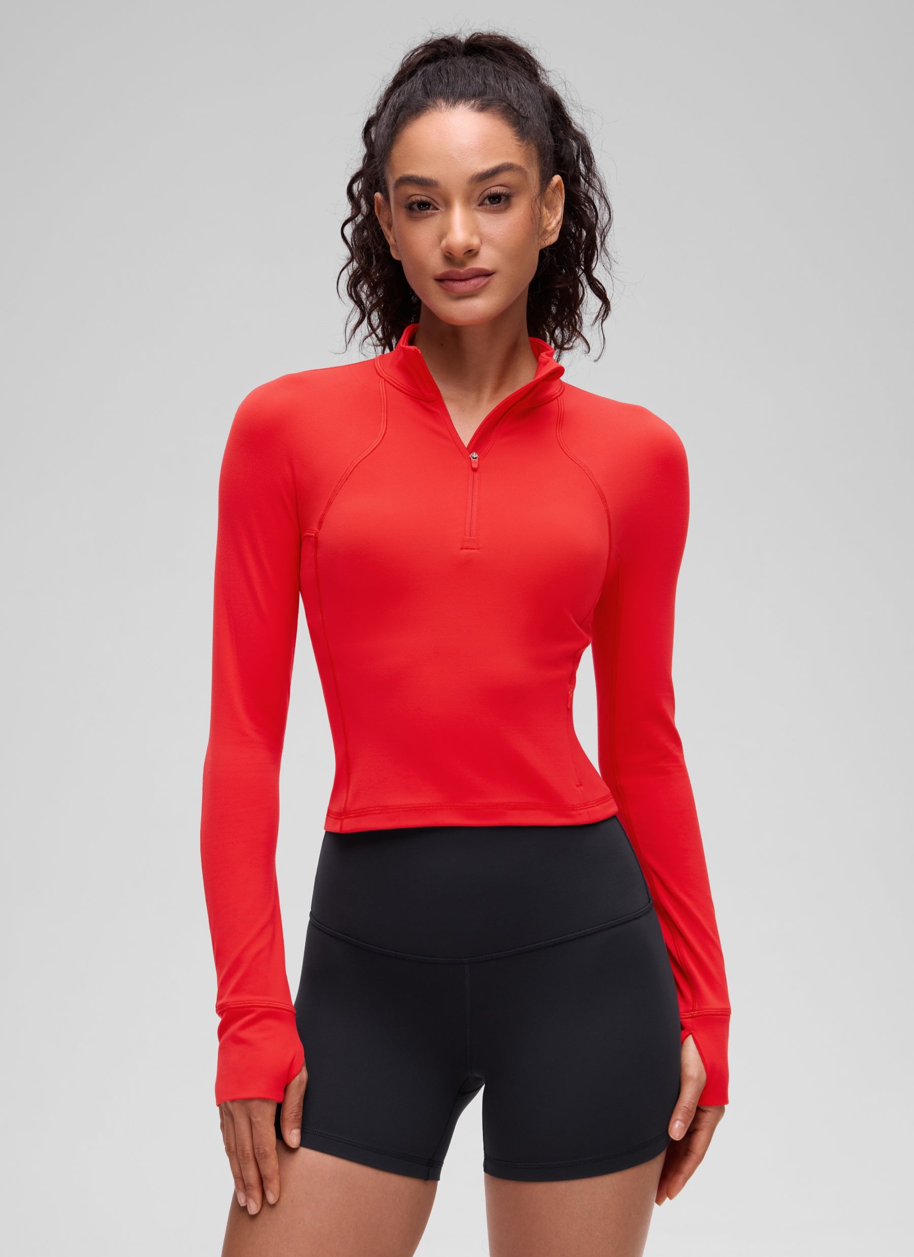 Baju Yoga Slim Fit Wanita CRZ YOGA Butterluxe Lengan Panjang Separuh Zip Merah Tua