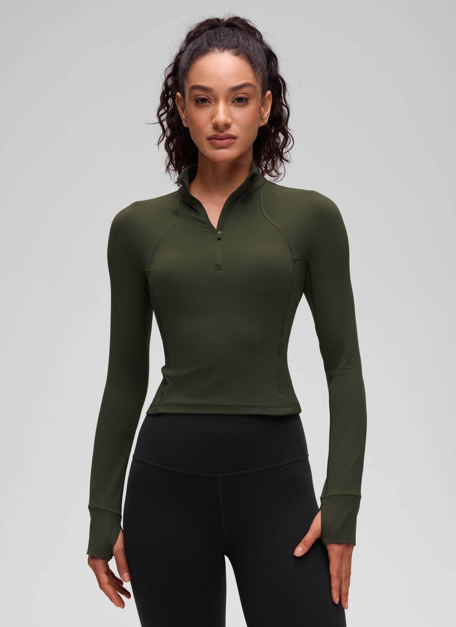 CRZ YOGA Women's Yoga Slim Fit Tops Butterluxe Half-Zip Long Sleeve Olive Green