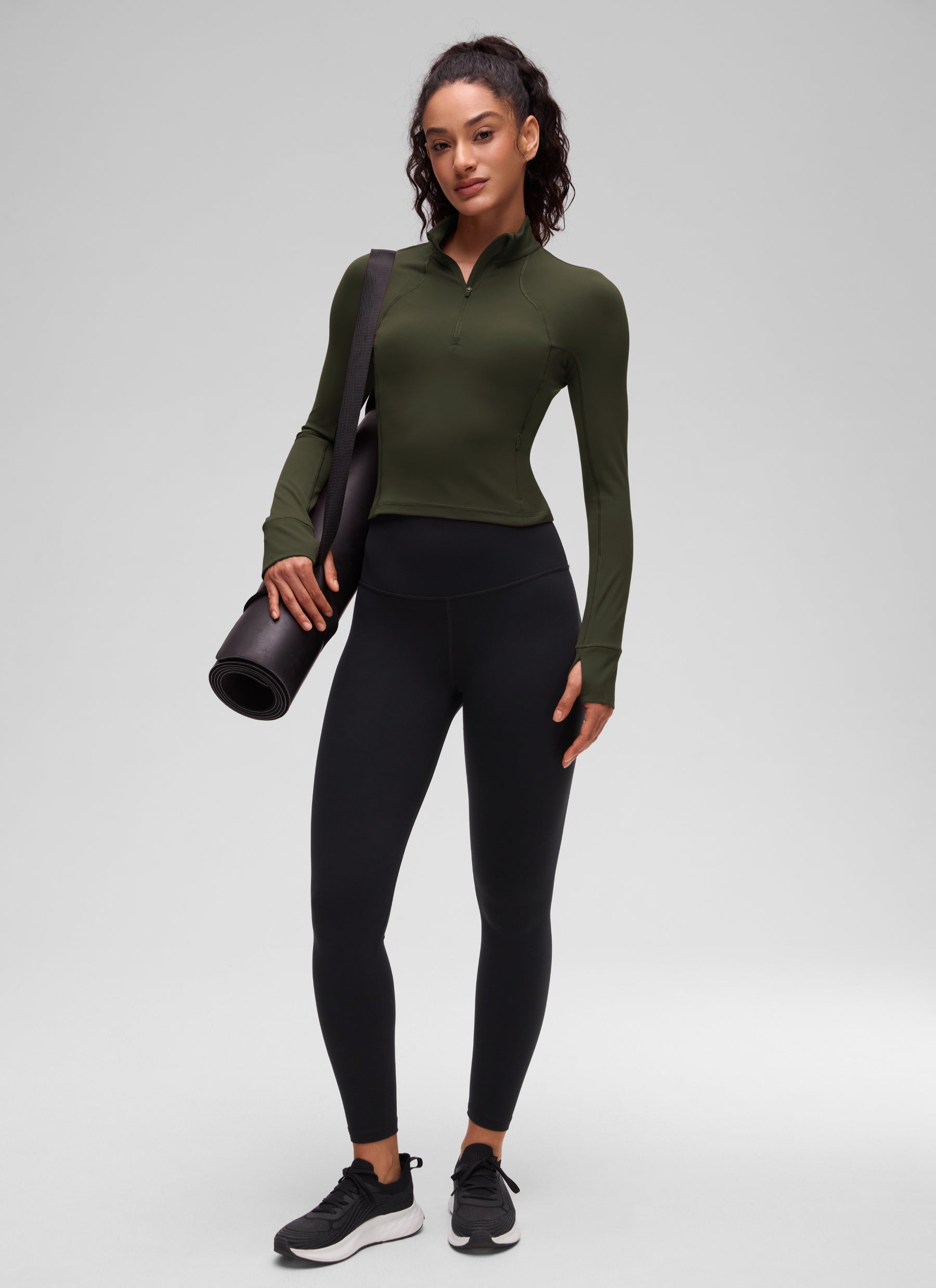 CRZ YOGA Women's Yoga Slim Fit Tops Butterluxe Half-Zip Long Sleeve Olive Green