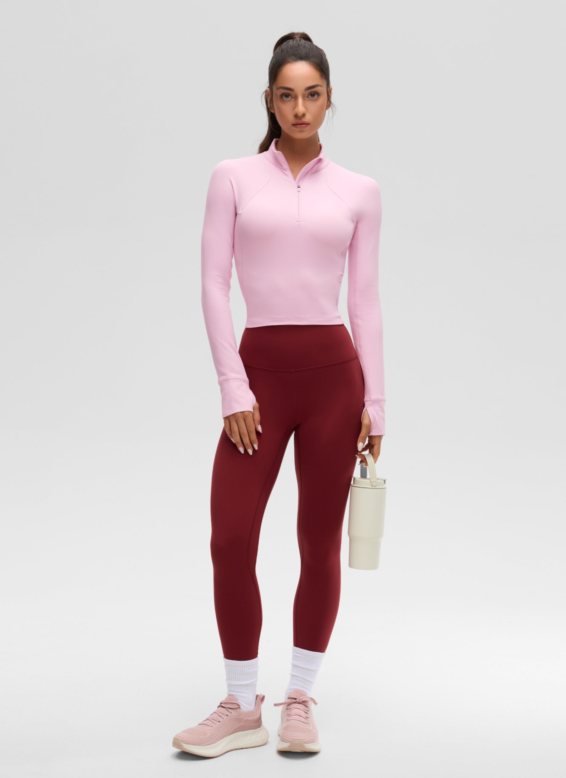 Baju Yoga Slim Fit Wanita CRZ YOGA Butterluxe Peony Merah Jambu Lengan Panjang Separuh Zip