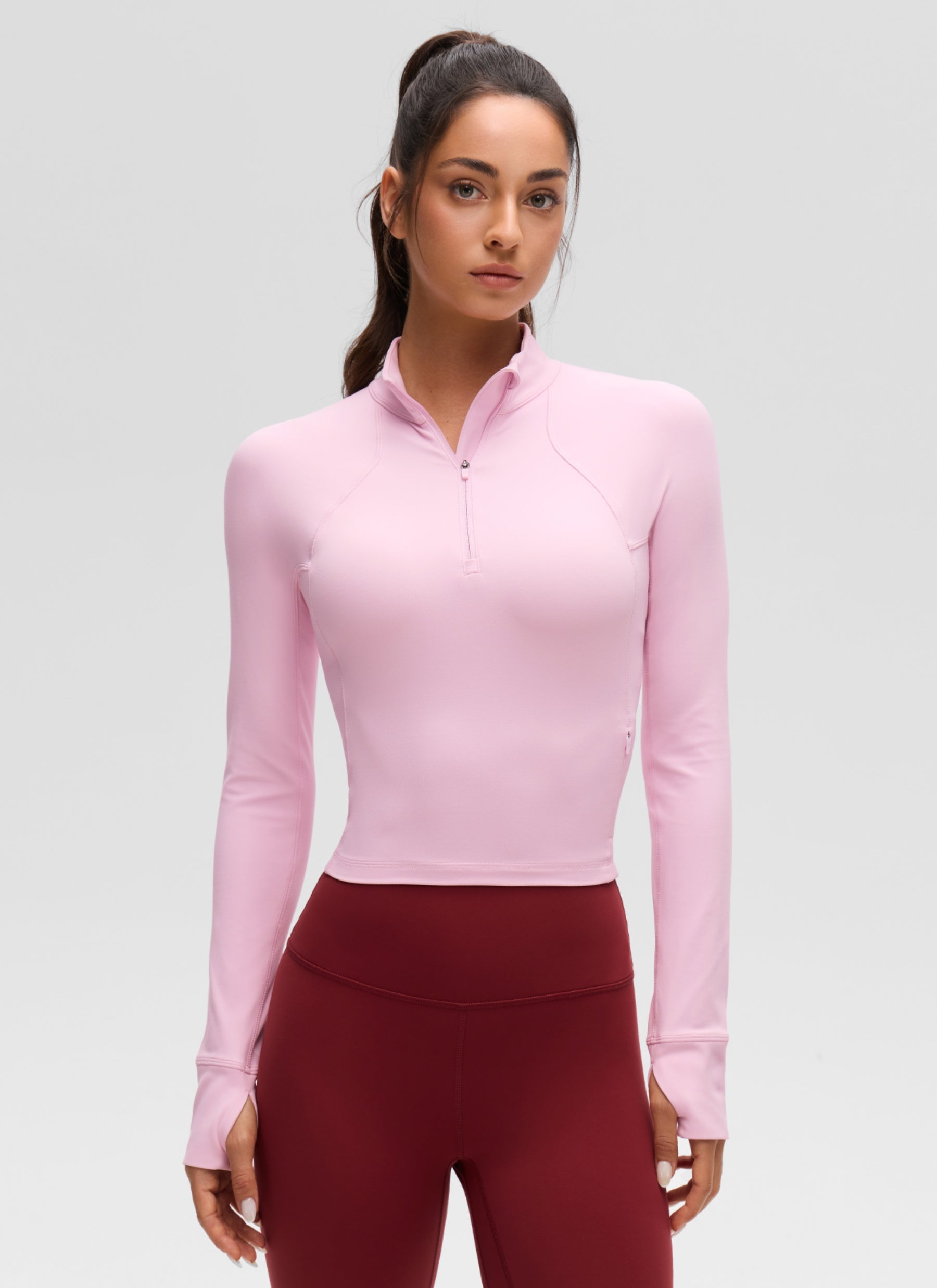 Baju Yoga Slim Fit Wanita CRZ YOGA Butterluxe Peony Merah Jambu Lengan Panjang Separuh Zip