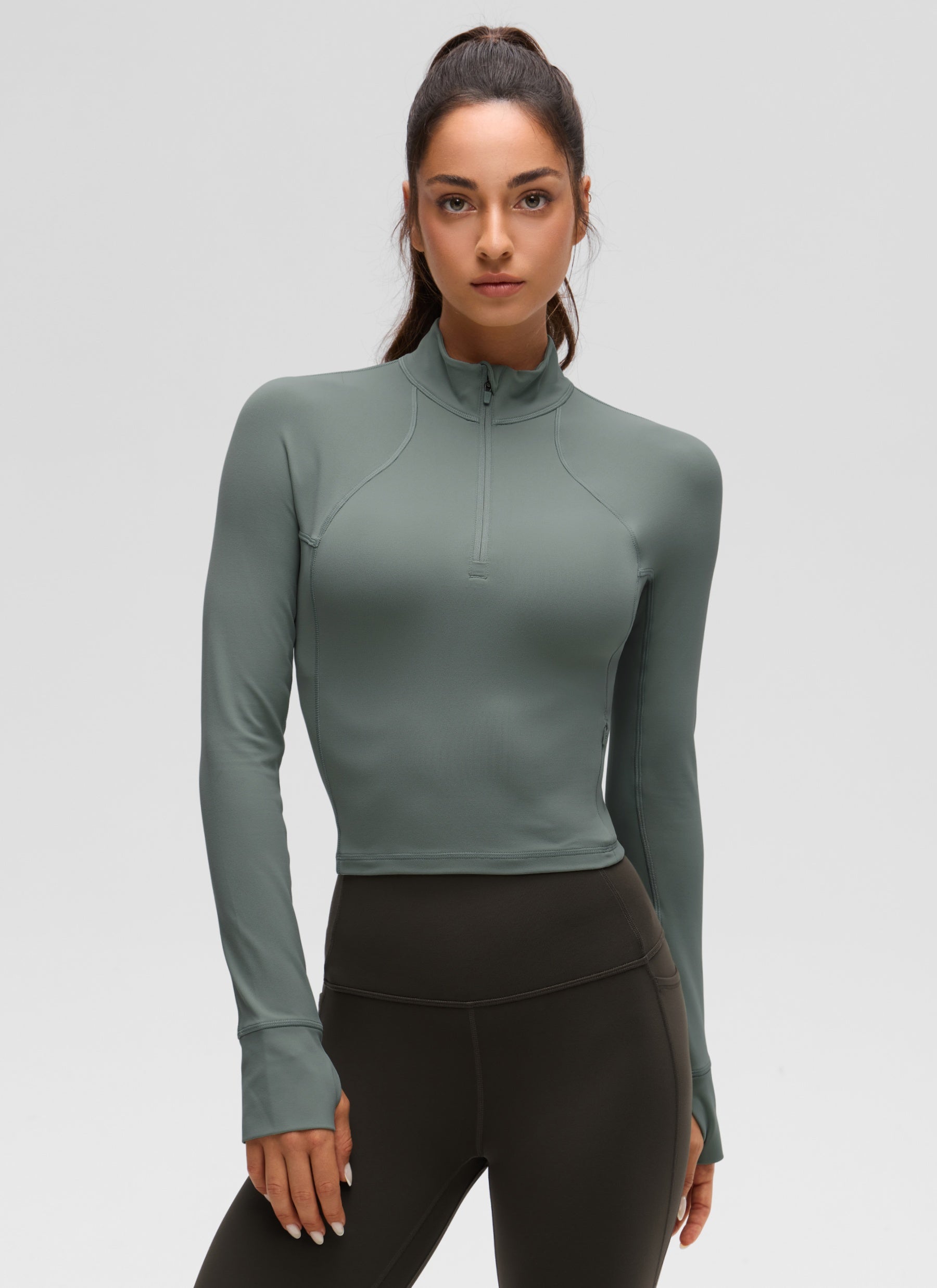 Baju Yoga Slim Fit Wanita CRZ YOGA Butterluxe Lengan Panjang Separuh Zip Kelabu Sage