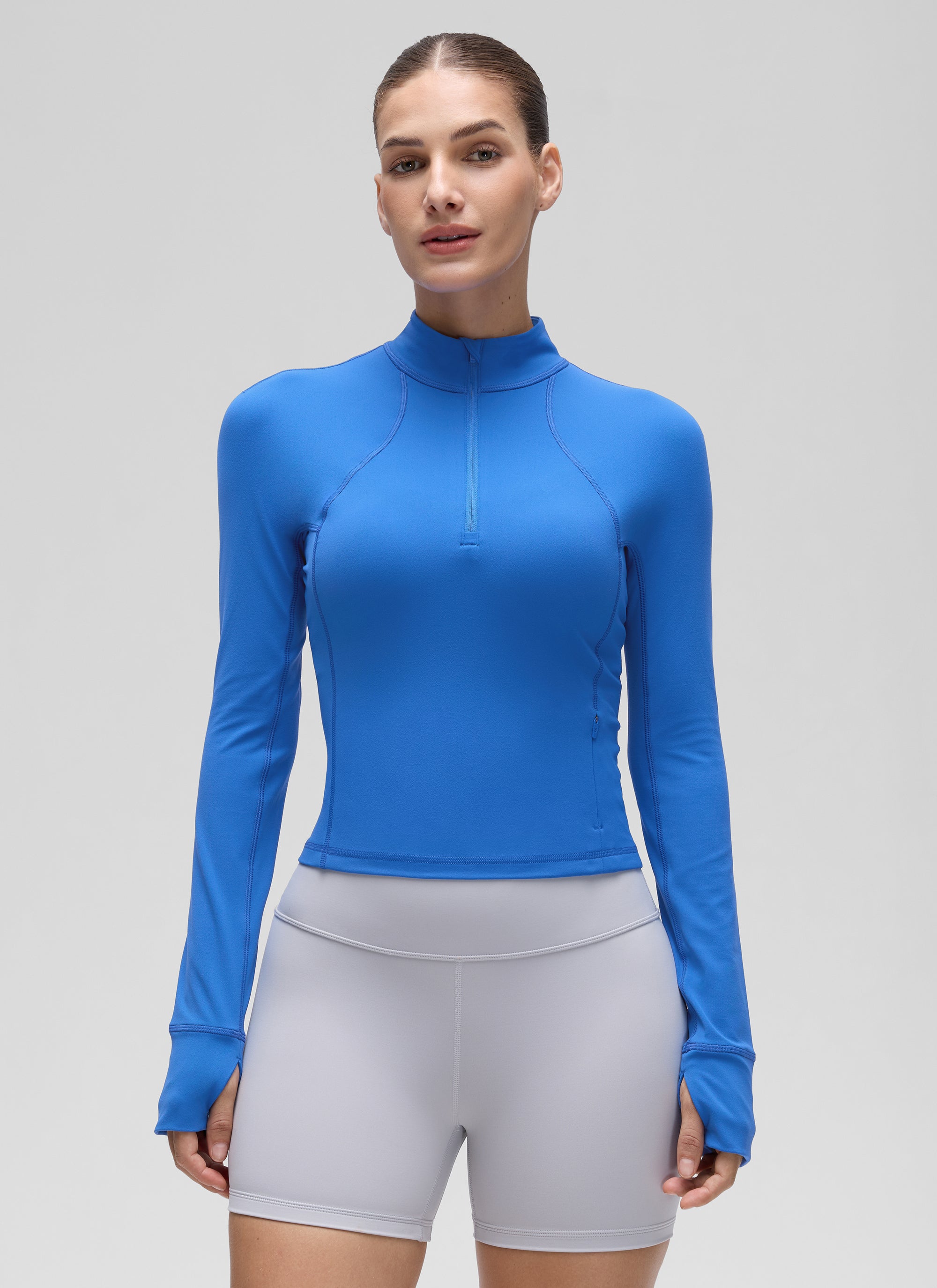 Baju Yoga Slim Fit Wanita CRZ YOGA Butterluxe Lengan Panjang Separuh Zip Biru Berkilau
