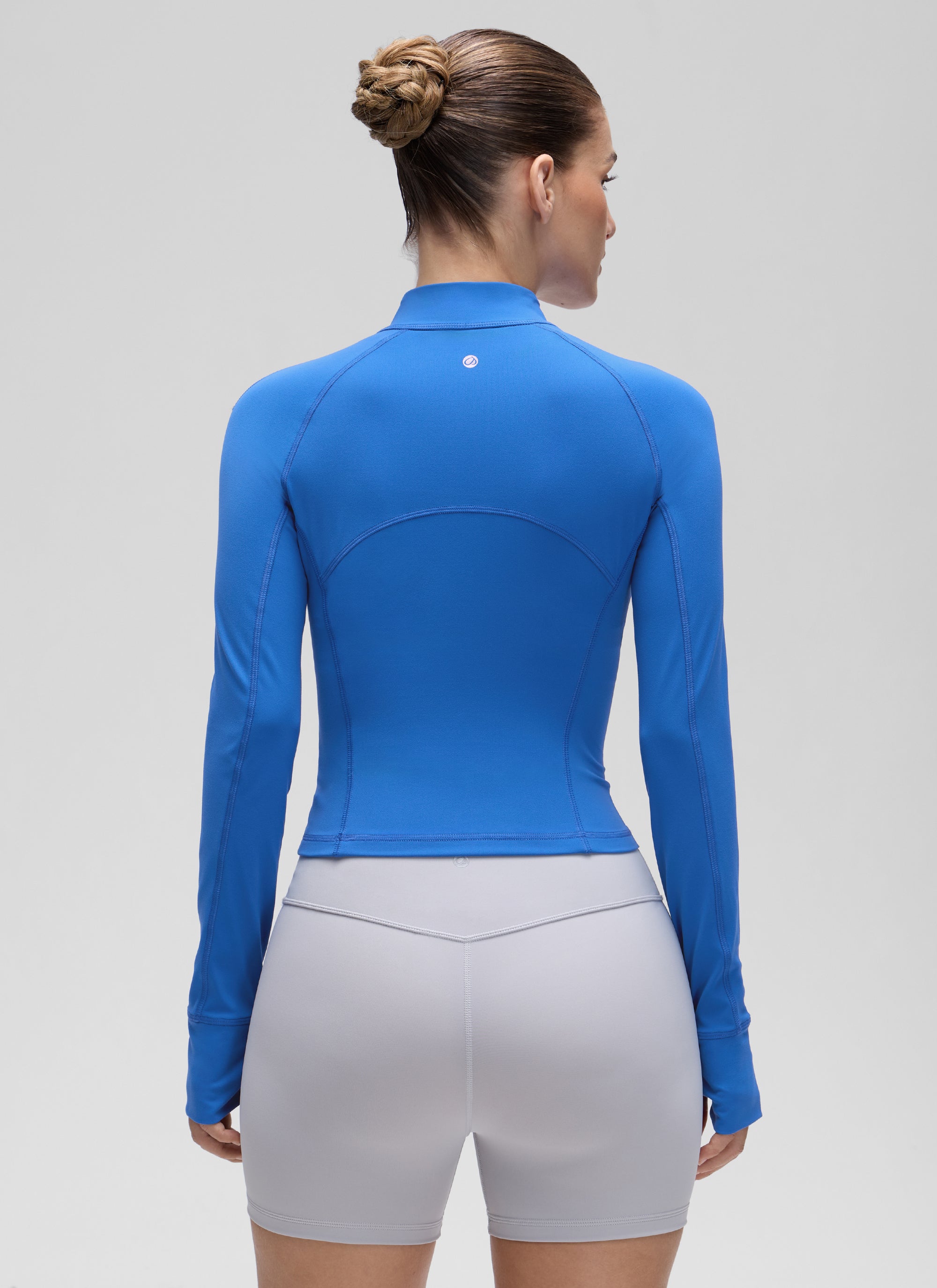 Baju Yoga Slim Fit Wanita CRZ YOGA Butterluxe Lengan Panjang Separuh Zip Biru Berkilau