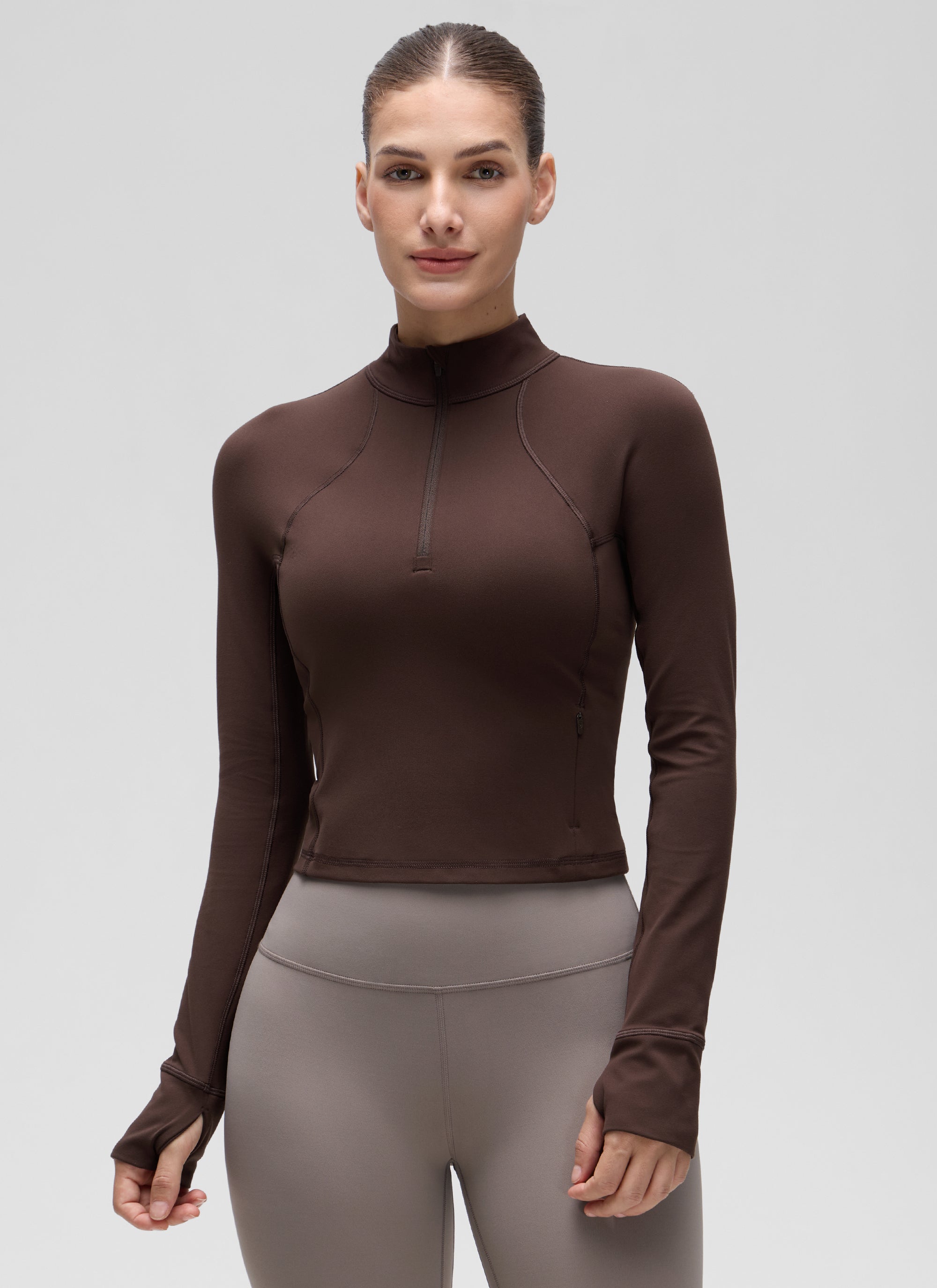 Baju Yoga Slim Fit Wanita CRZ YOGA Butterluxe Baju Lengan Panjang Separuh Zip Coklat Panas Fudge