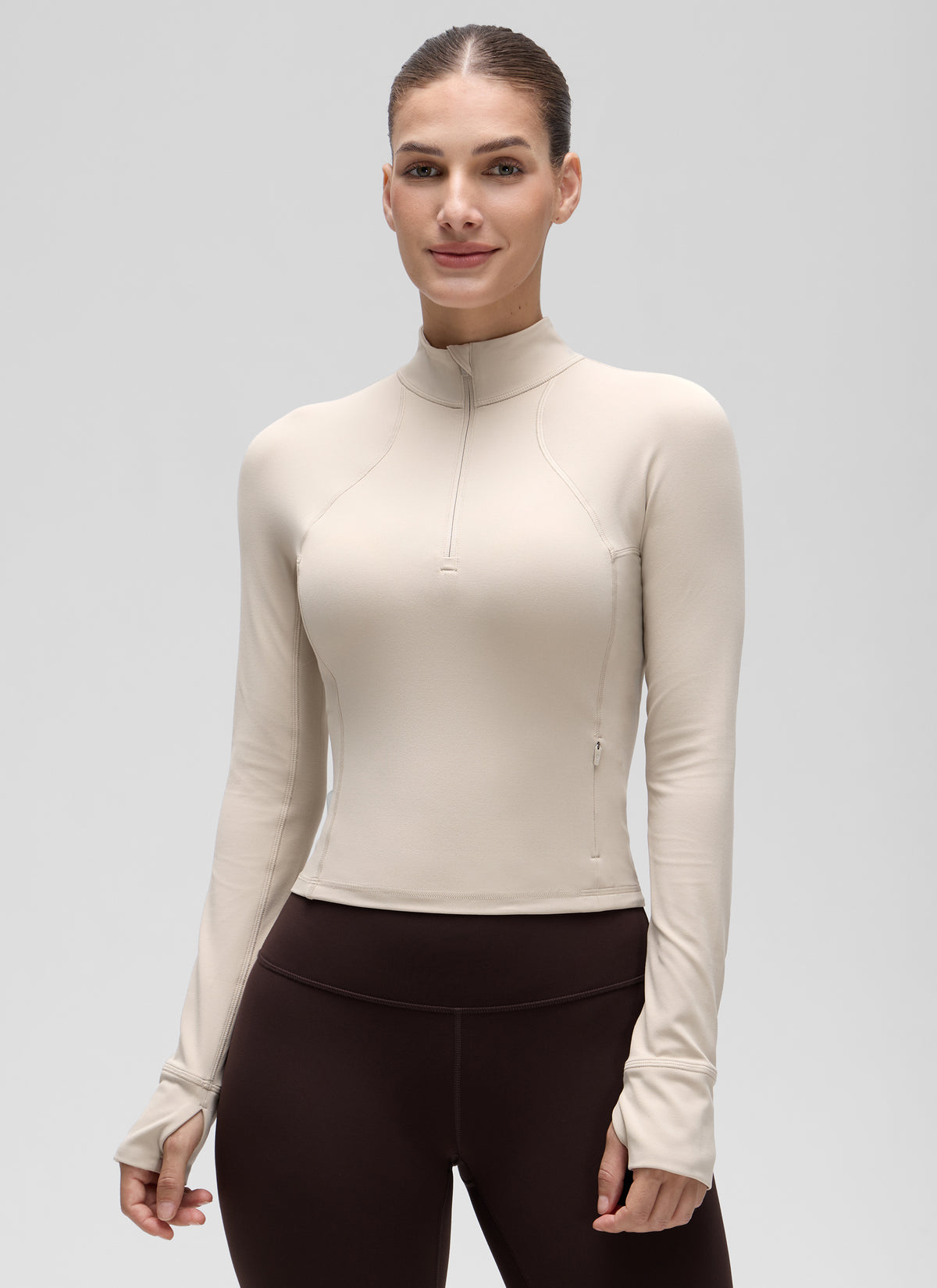 CRZ YOGA Women's Yoga Slim Fit Tops Butterluxe Half-Zip Long Sleeve Mojave Tan @model_info:Jaynne