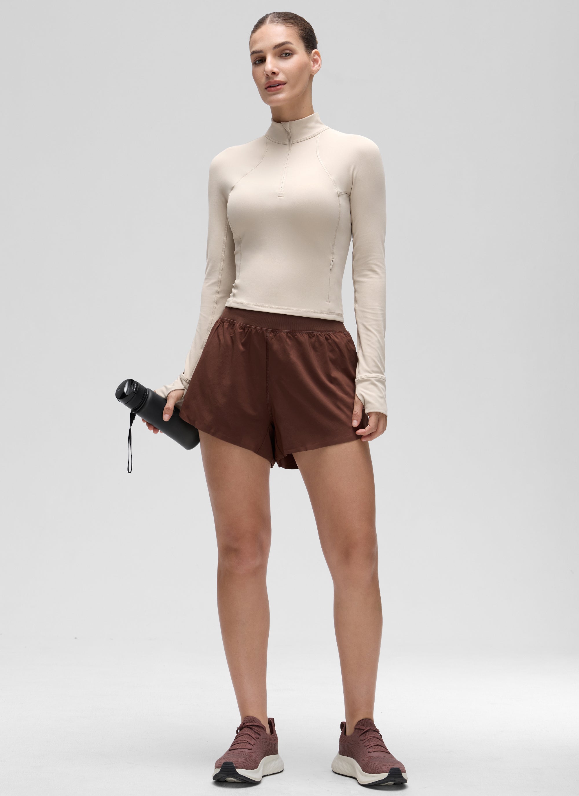 CRZ YOGA Women's Yoga Slim Fit Tops Butterluxe Half-Zip Long Sleeve Mojave Tan @model_info:Jaynne