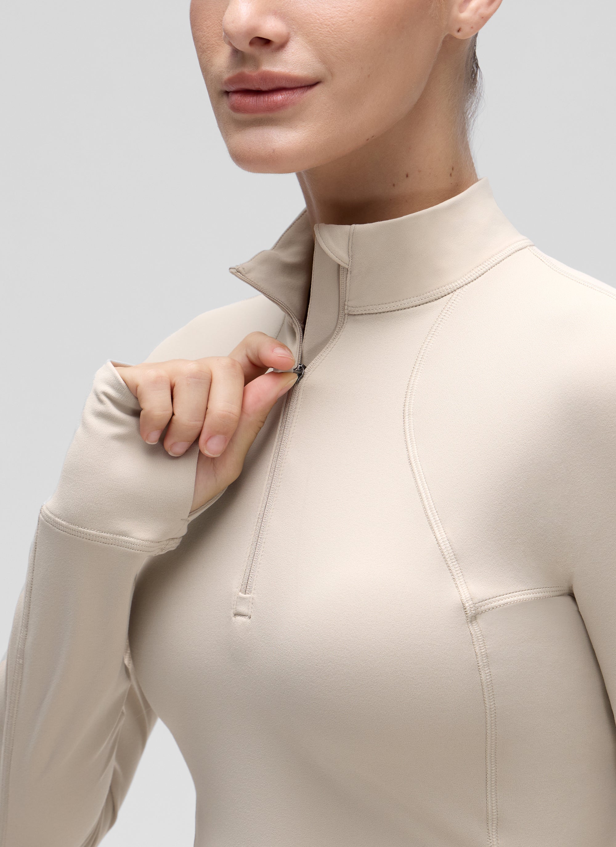 CRZ YOGA Women's Yoga Slim Fit Tops Butterluxe Half-Zip Long Sleeve Mojave Tan @model_info:Jaynne