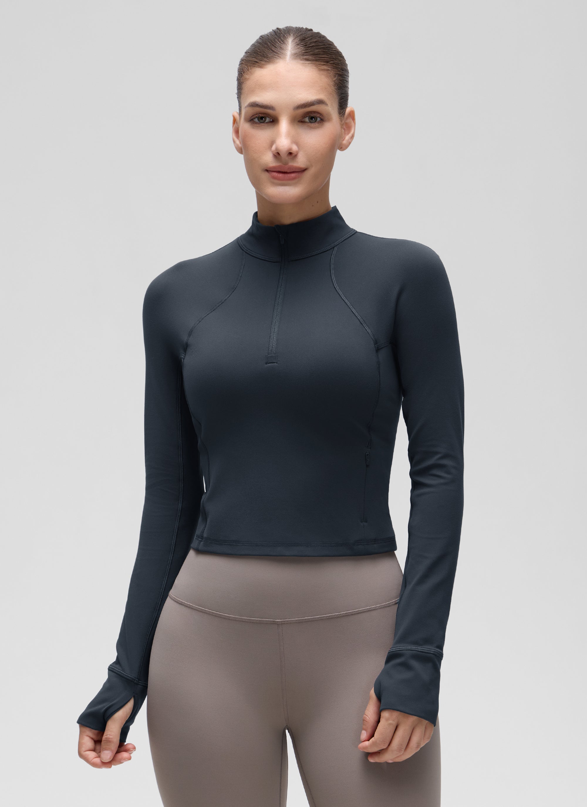 Baju Yoga Slim Fit Wanita CRZ YOGA Butterluxe Lengan Panjang Separuh Zip True Navy