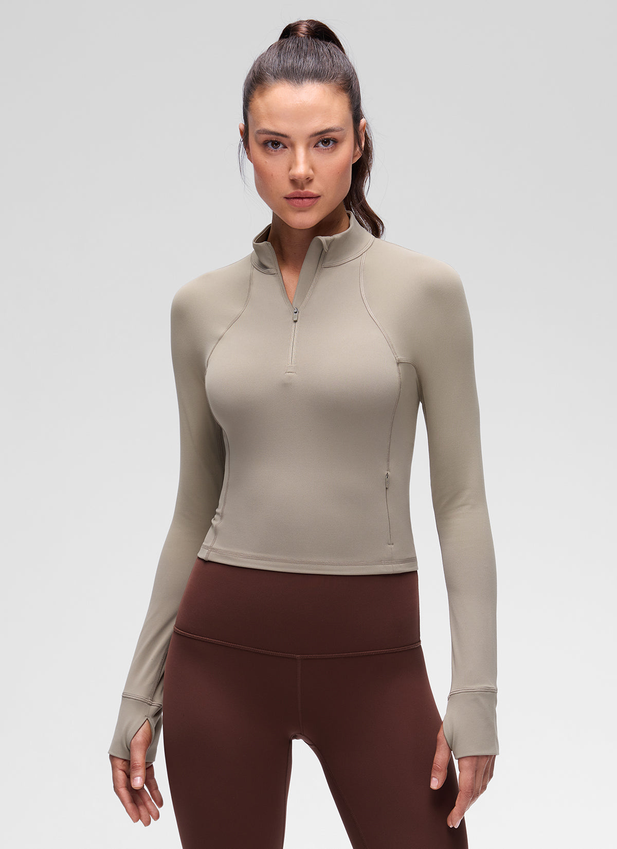Baju Yoga Slim Fit Wanita CRZ YOGA Butterluxe Lengan Panjang Separuh Zip Kelabu Abu Hangat