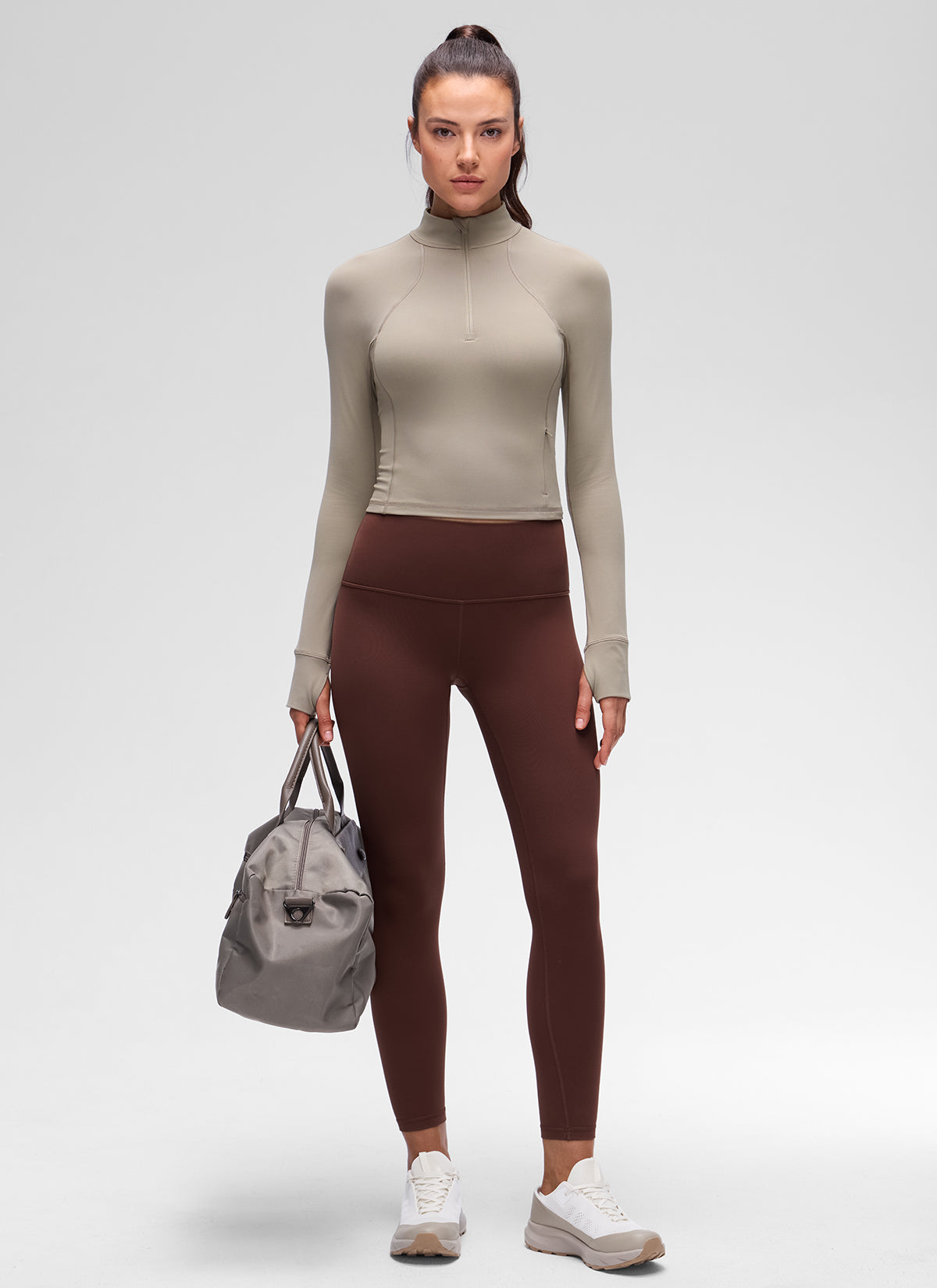 Baju Yoga Slim Fit Wanita CRZ YOGA Butterluxe Lengan Panjang Separuh Zip Kelabu Abu Hangat