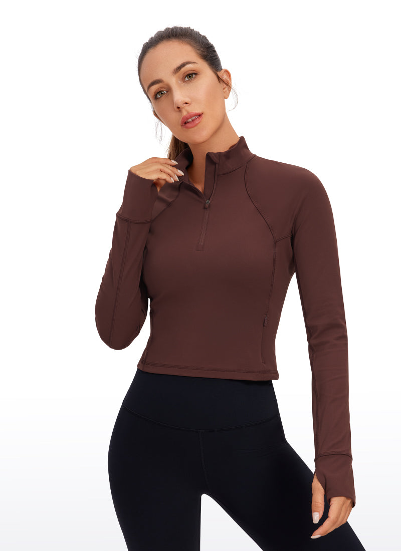 Baju Yoga Slim Fit Wanita CRZ YOGA Butterluxe Lengan Panjang Separuh Zip Taupe