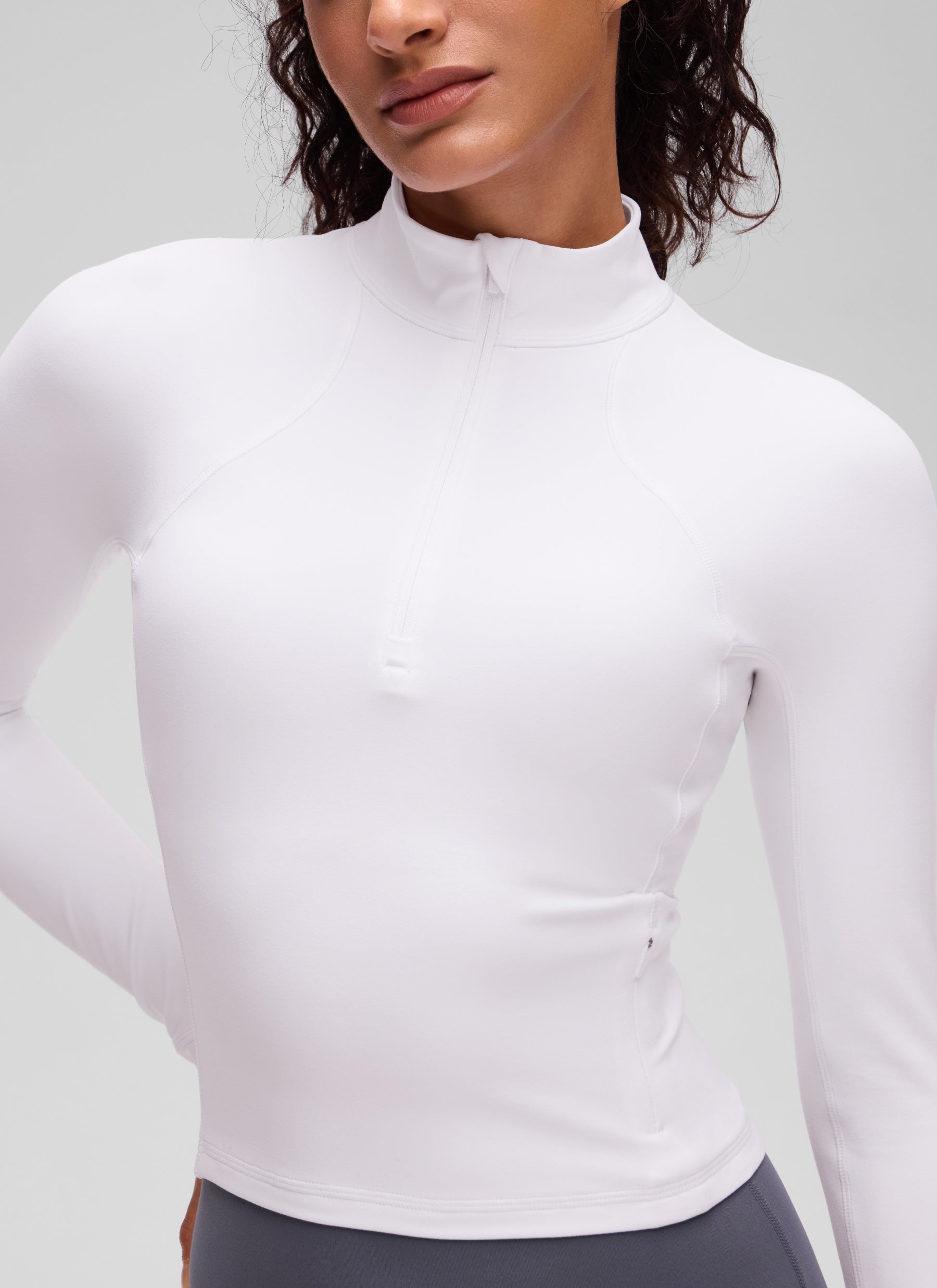 Baju Yoga Slim Fit Wanita CRZ YOGA Butterluxe Lengan Panjang Separuh Zip Putih