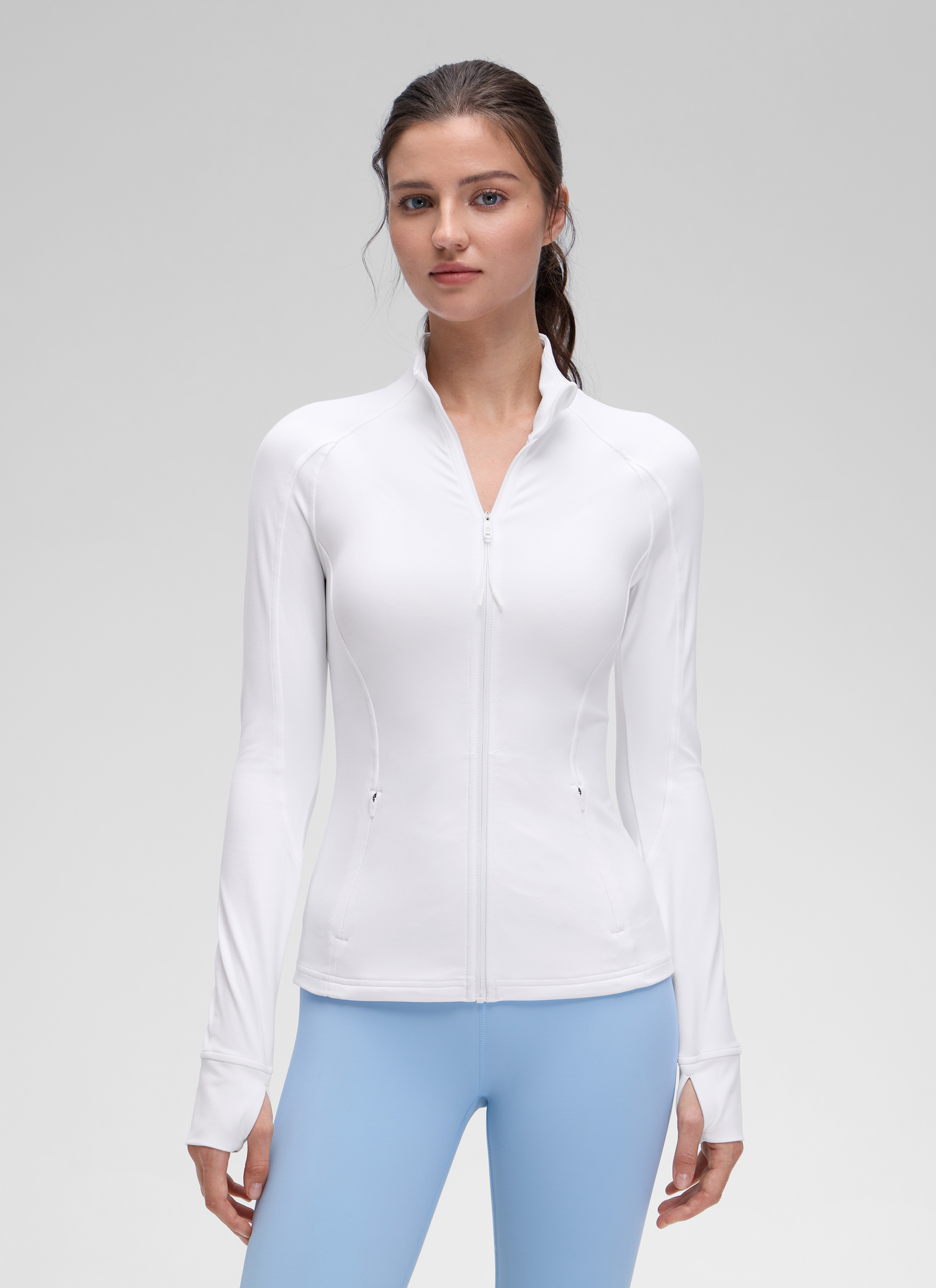 CRZ YOGA महिलाओं के योगा स्लिम फिट टॉप्स Butterluxe फुल ज़िप लॉन्ग स्लीव्स व्हाइट
