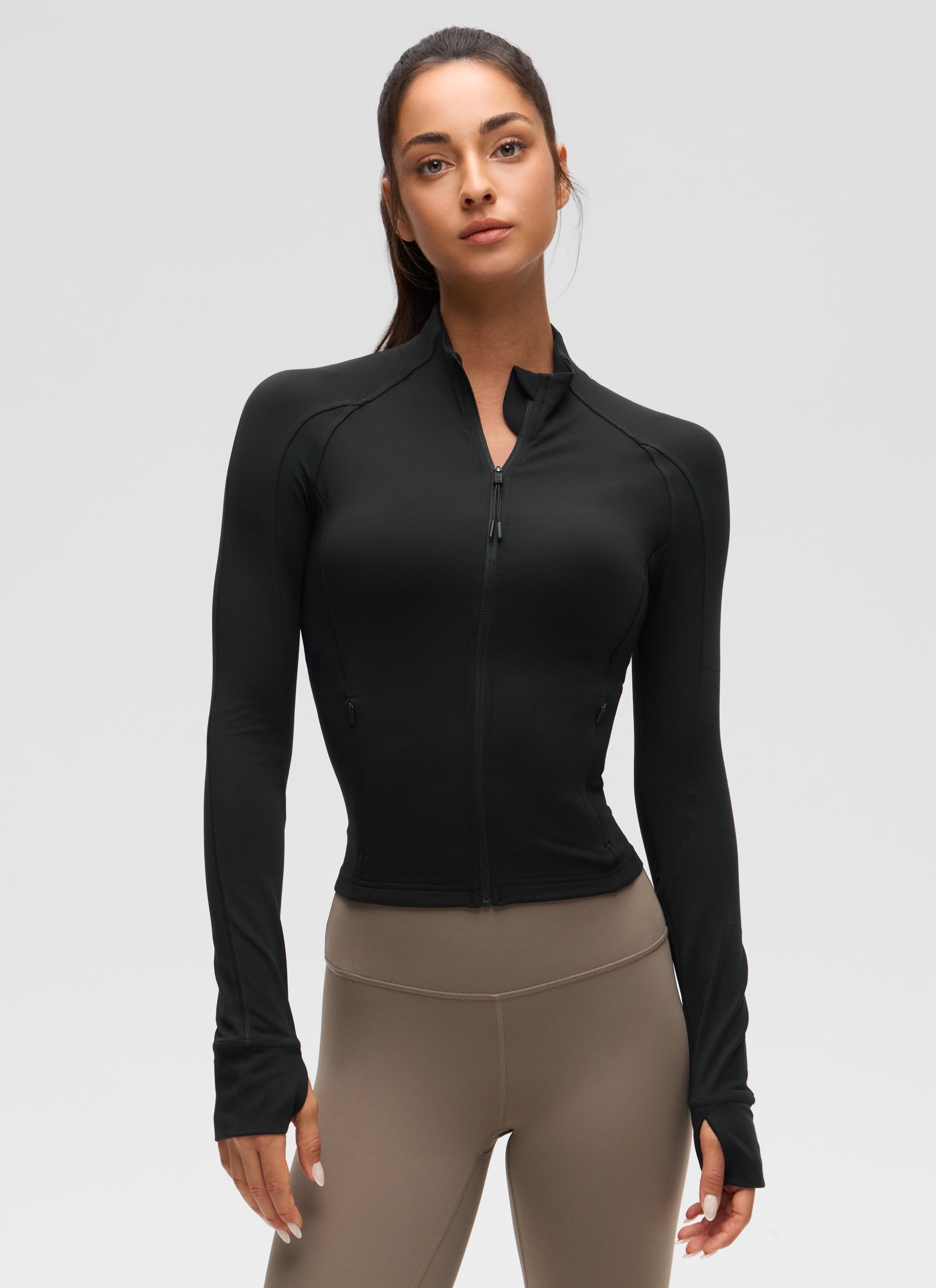 CRZ YOGA Wanita Butterluxe Jaket Pakaian Luar Berpoket Potong Berzip Penuh Hitam