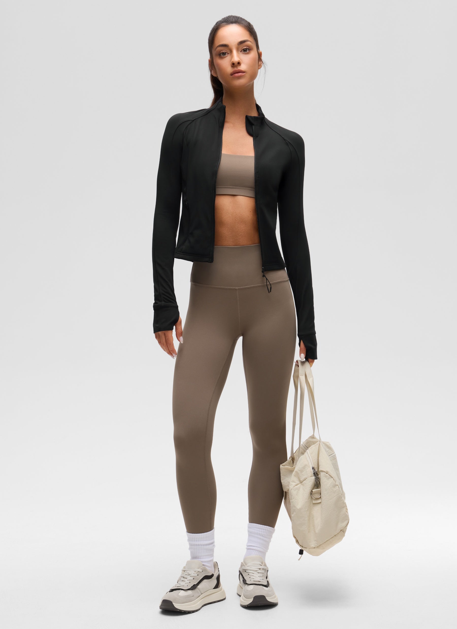 CRZ YOGA Wanita Butterluxe Jaket Pakaian Luar Berpoket Potong Berzip Penuh Hitam