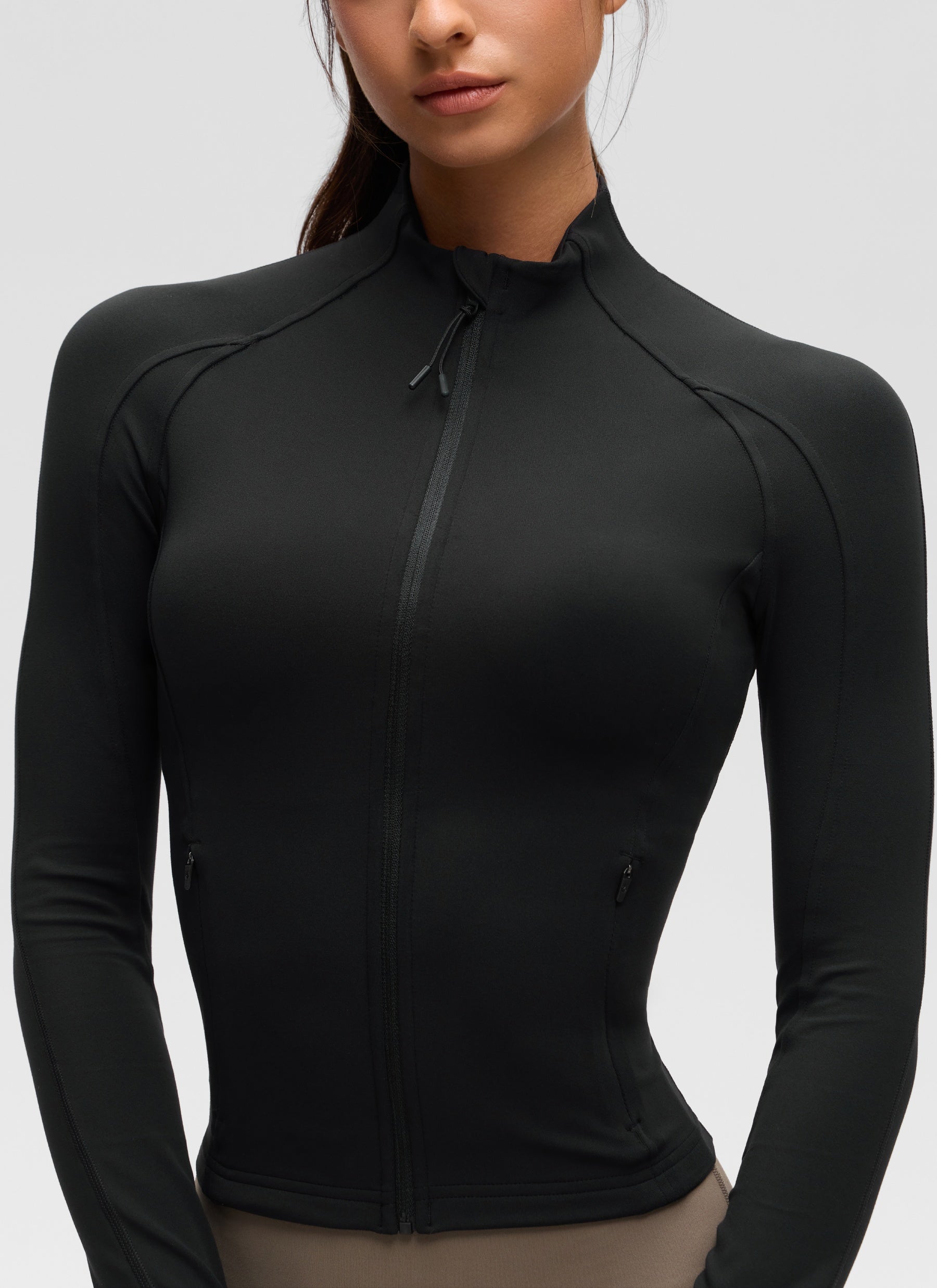 CRZ YOGA Wanita Butterluxe Jaket Pakaian Luar Berpoket Potong Berzip Penuh Hitam