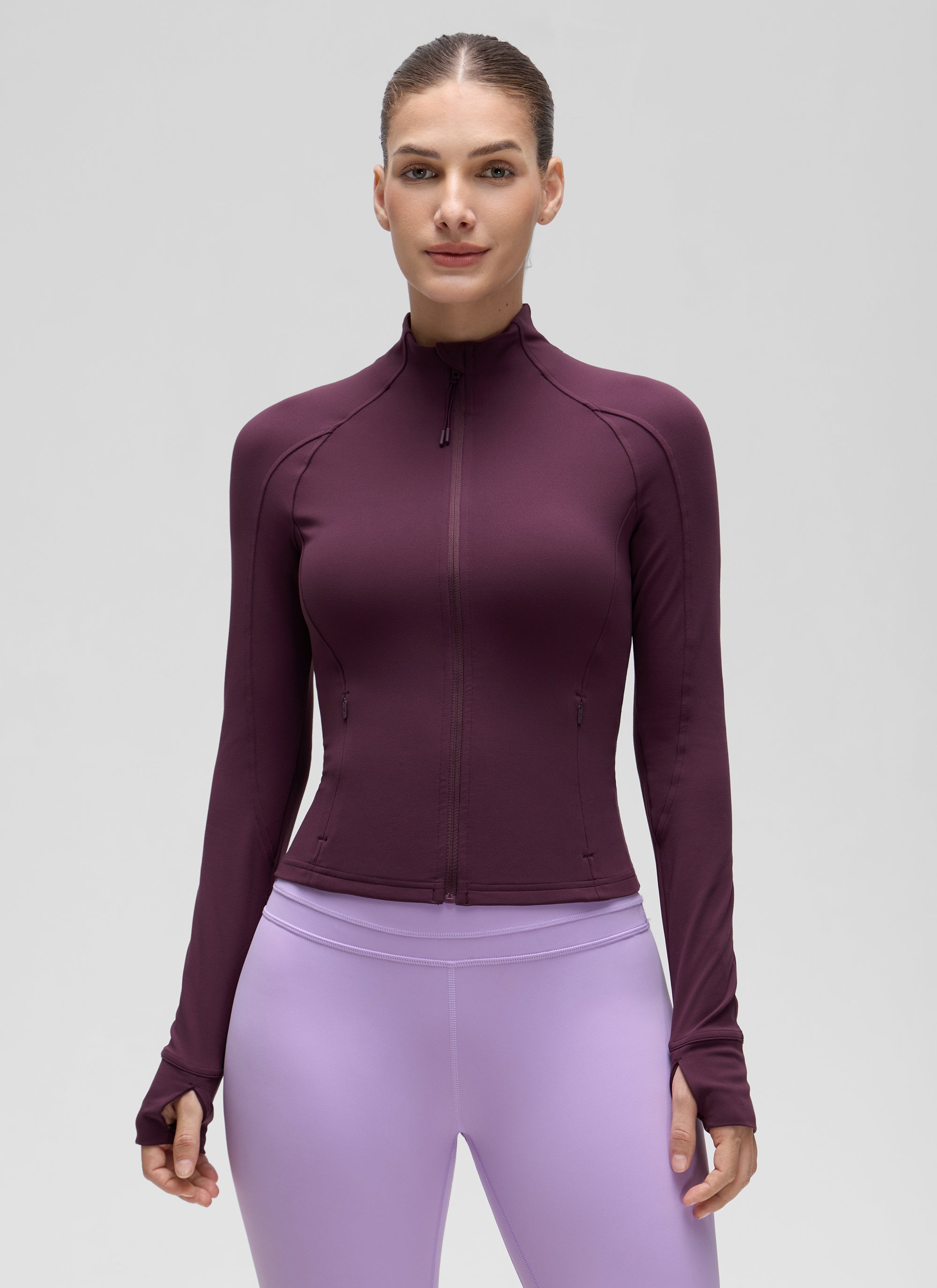 CRZ YOGA Wanita Butterluxe Jaket Pakaian Luar Berzip Penuh Poket Potongan Ungu Tua