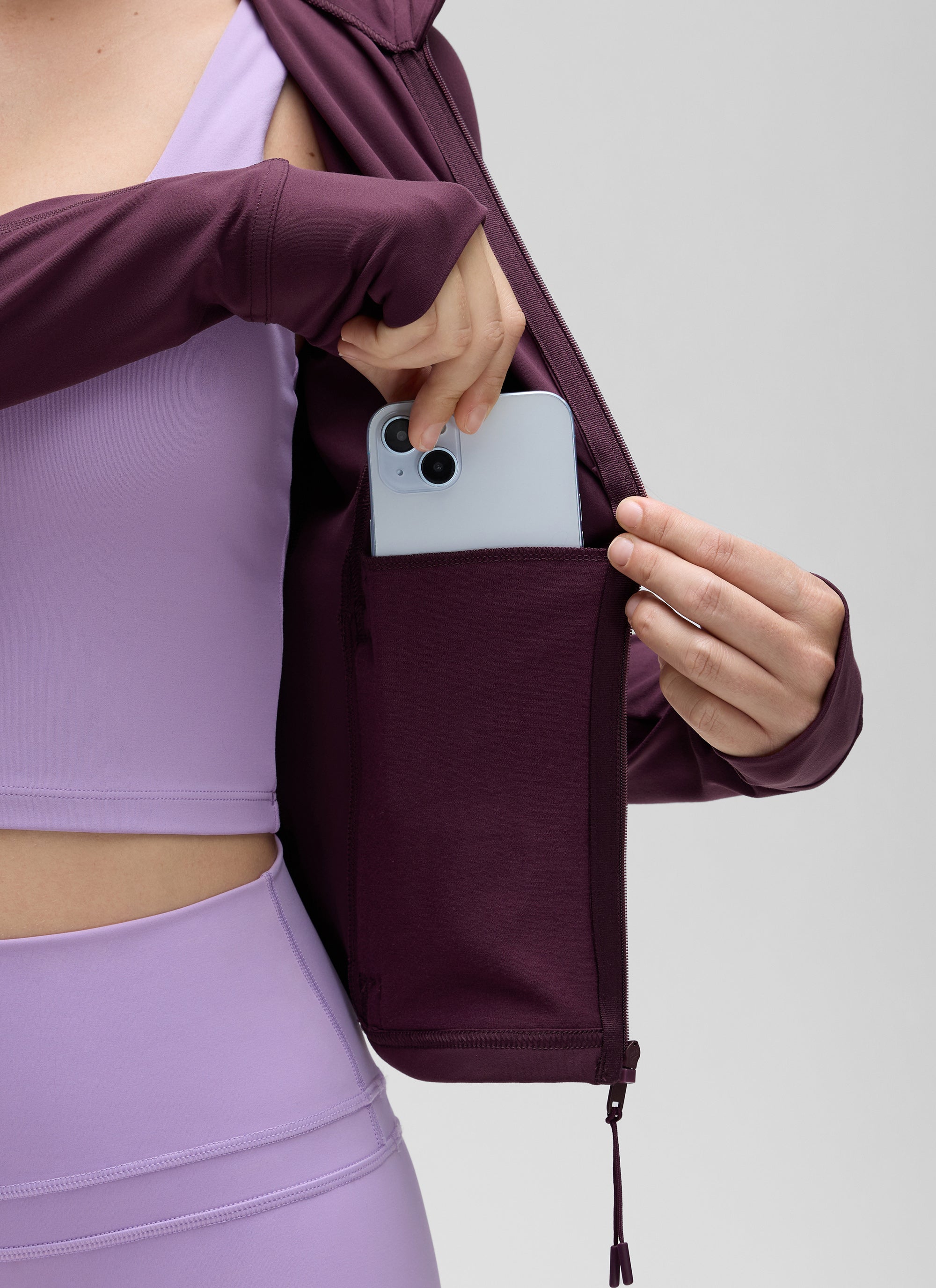 CRZ YOGA Wanita Butterluxe Jaket Pakaian Luar Berzip Penuh Poket Potongan Ungu Tua