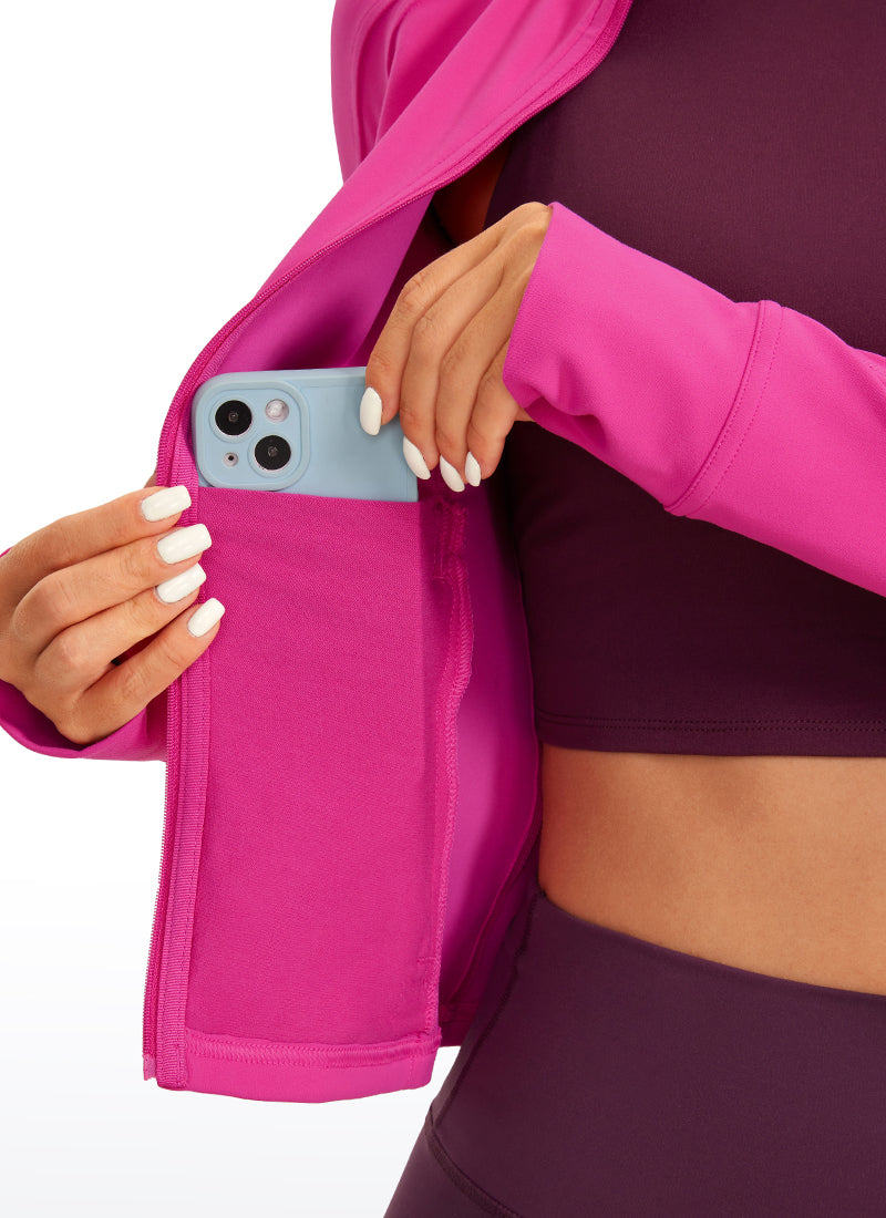 CRZ YOGA Wanita Butterluxe Pakaian Luar Berpoket Potong Jaket Zip Penuh Bunga Raya Ungu
