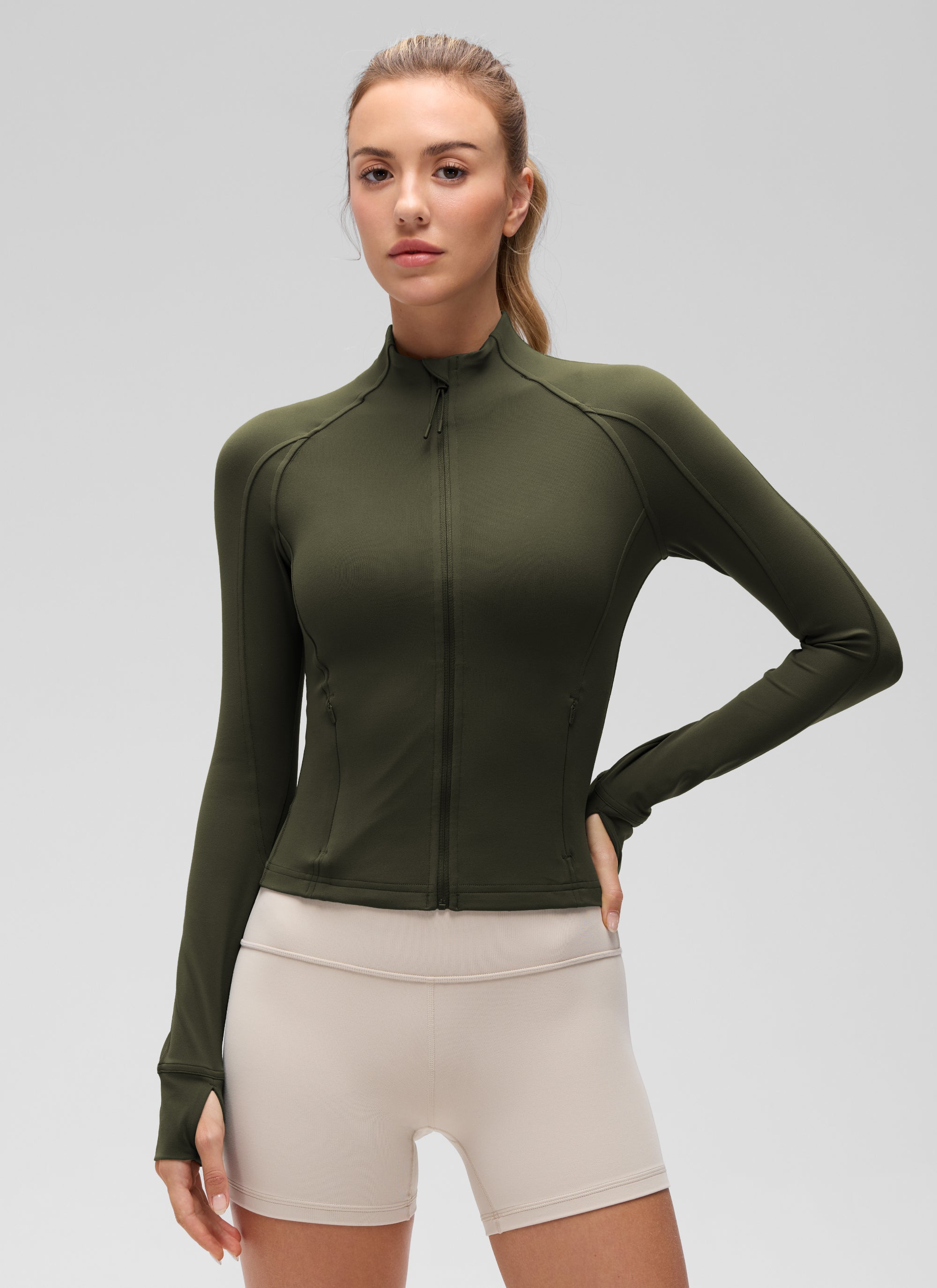 CRZ YOGA Wanita Butterluxe Jaket Pakaian Luar Berzip Penuh Poket Potong Hijau Zaitun