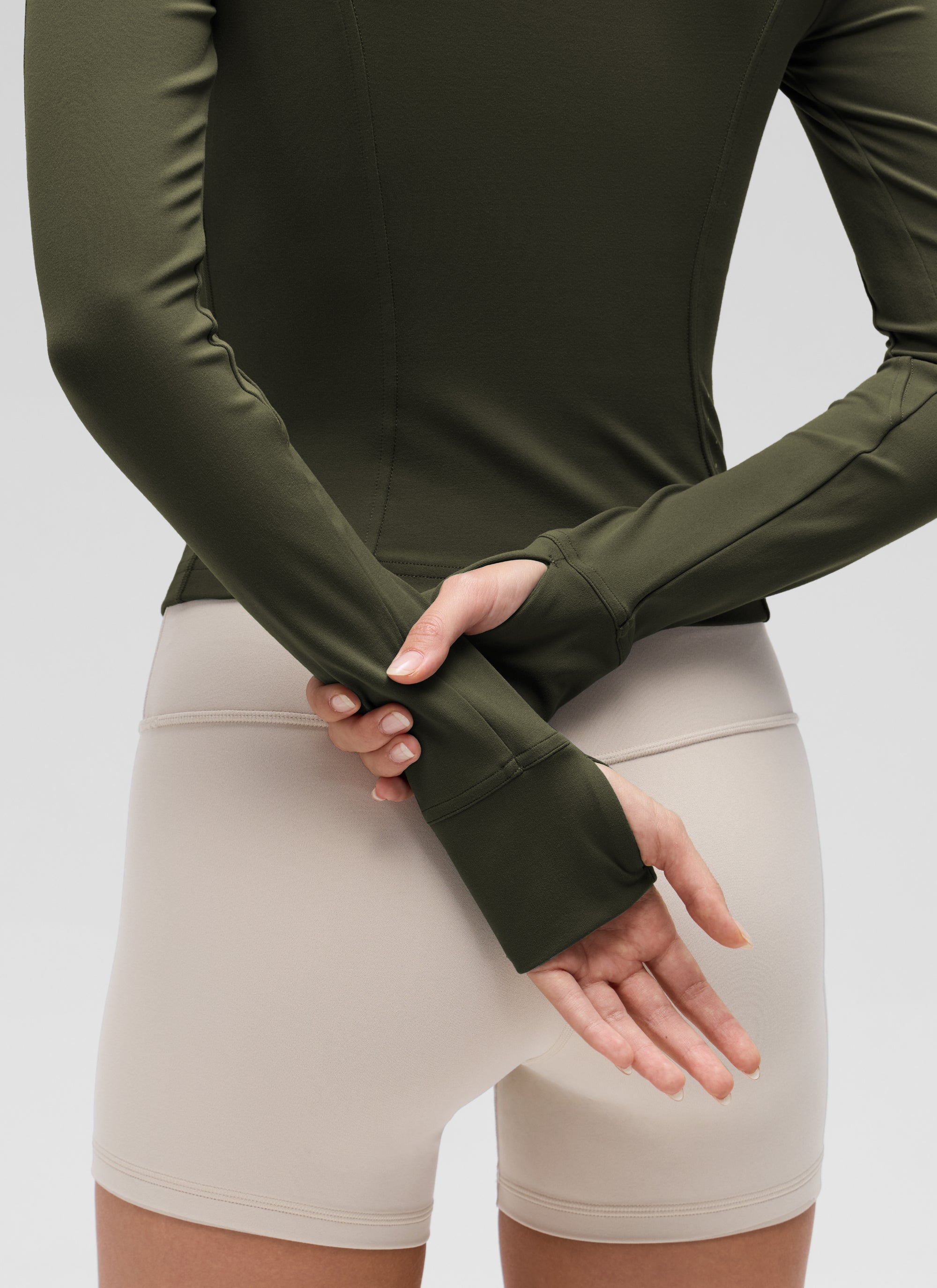 CRZ YOGA Wanita Butterluxe Jaket Pakaian Luar Berzip Penuh Poket Potong Hijau Zaitun