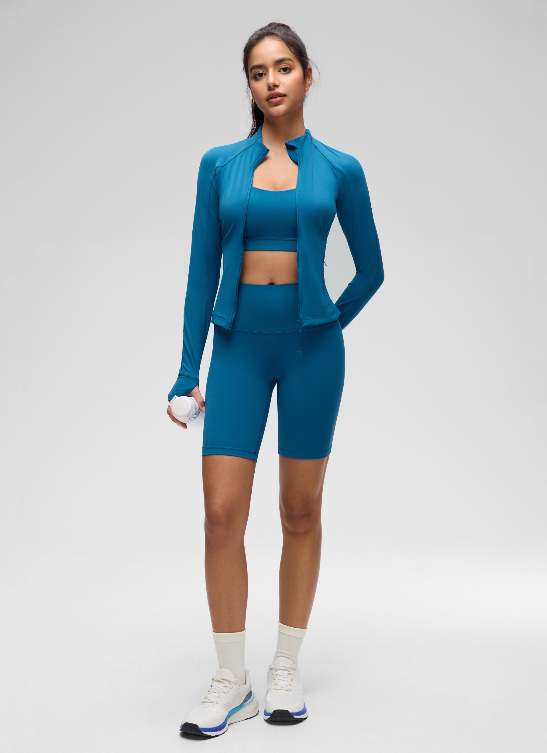 CRZ YOGA Wanita Butterluxe Jaket Pakaian Luar Berpoket Potong Berzip Penuh Biru Super-sonik
