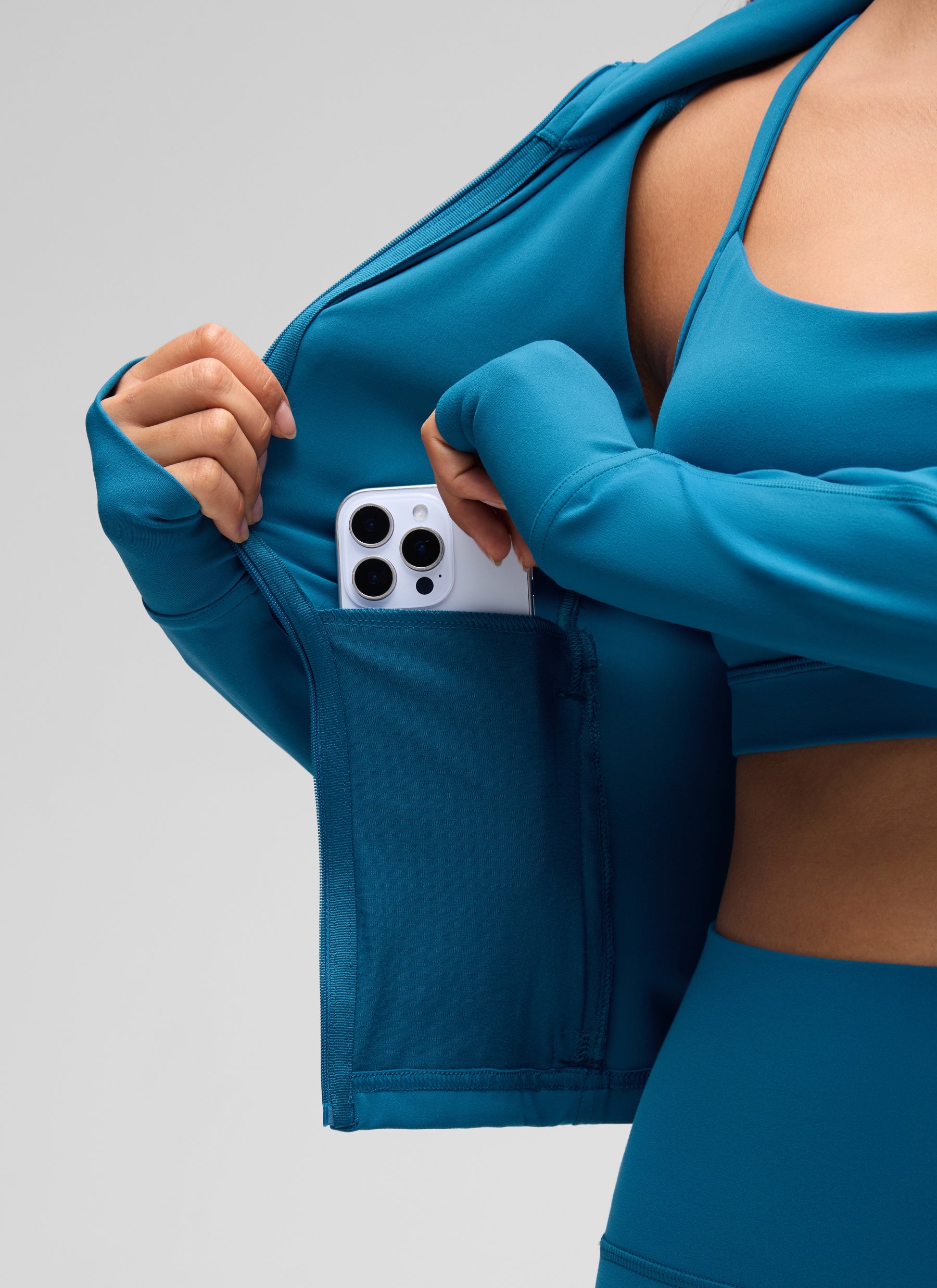 CRZ YOGA Wanita Butterluxe Jaket Pakaian Luar Berpoket Potong Berzip Penuh Biru Super-sonik