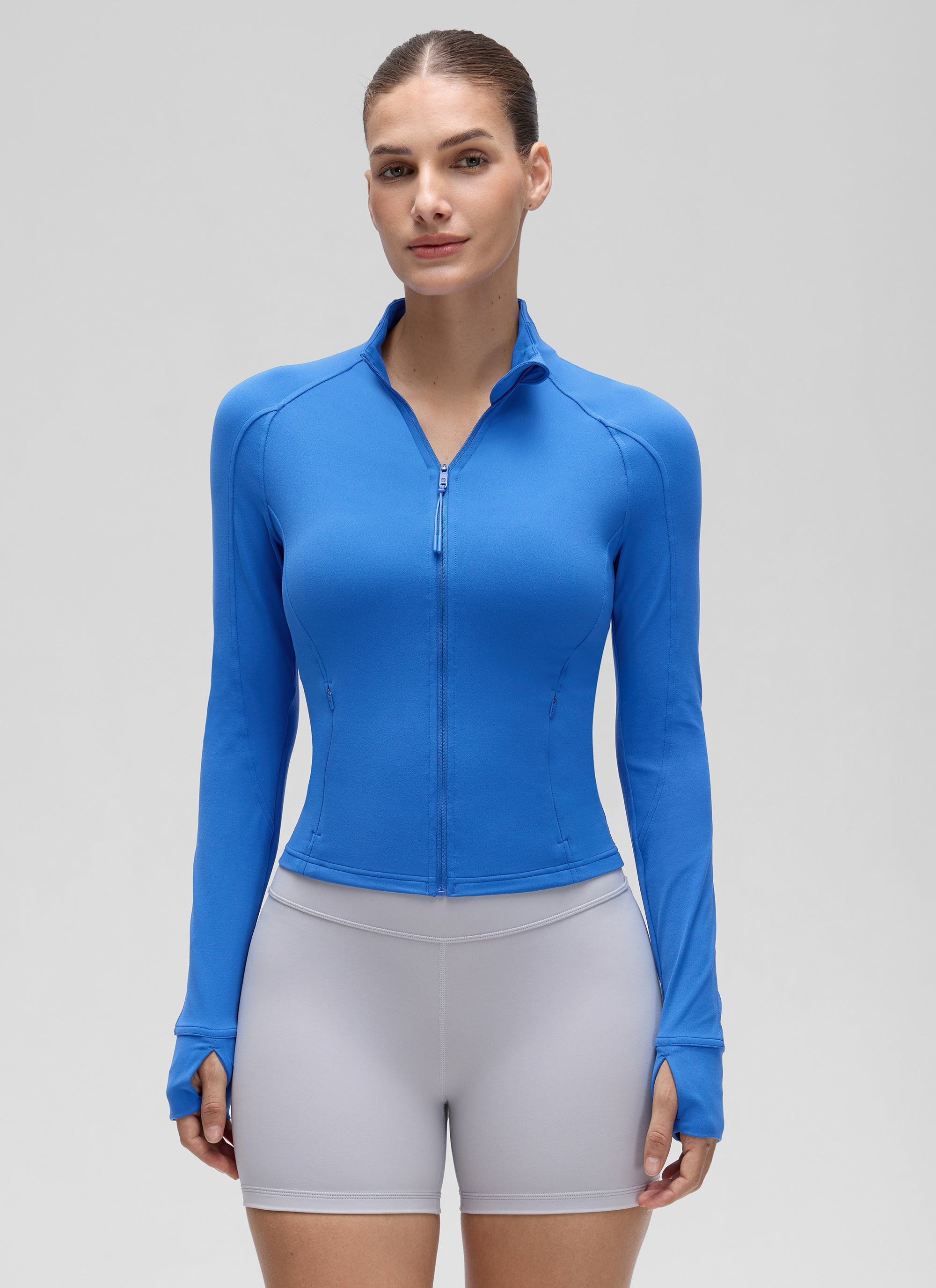 CRZ YOGA Wanita Butterluxe Jaket Pakaian Luar Berpoket Potong Berzip Penuh Biru Berkilau