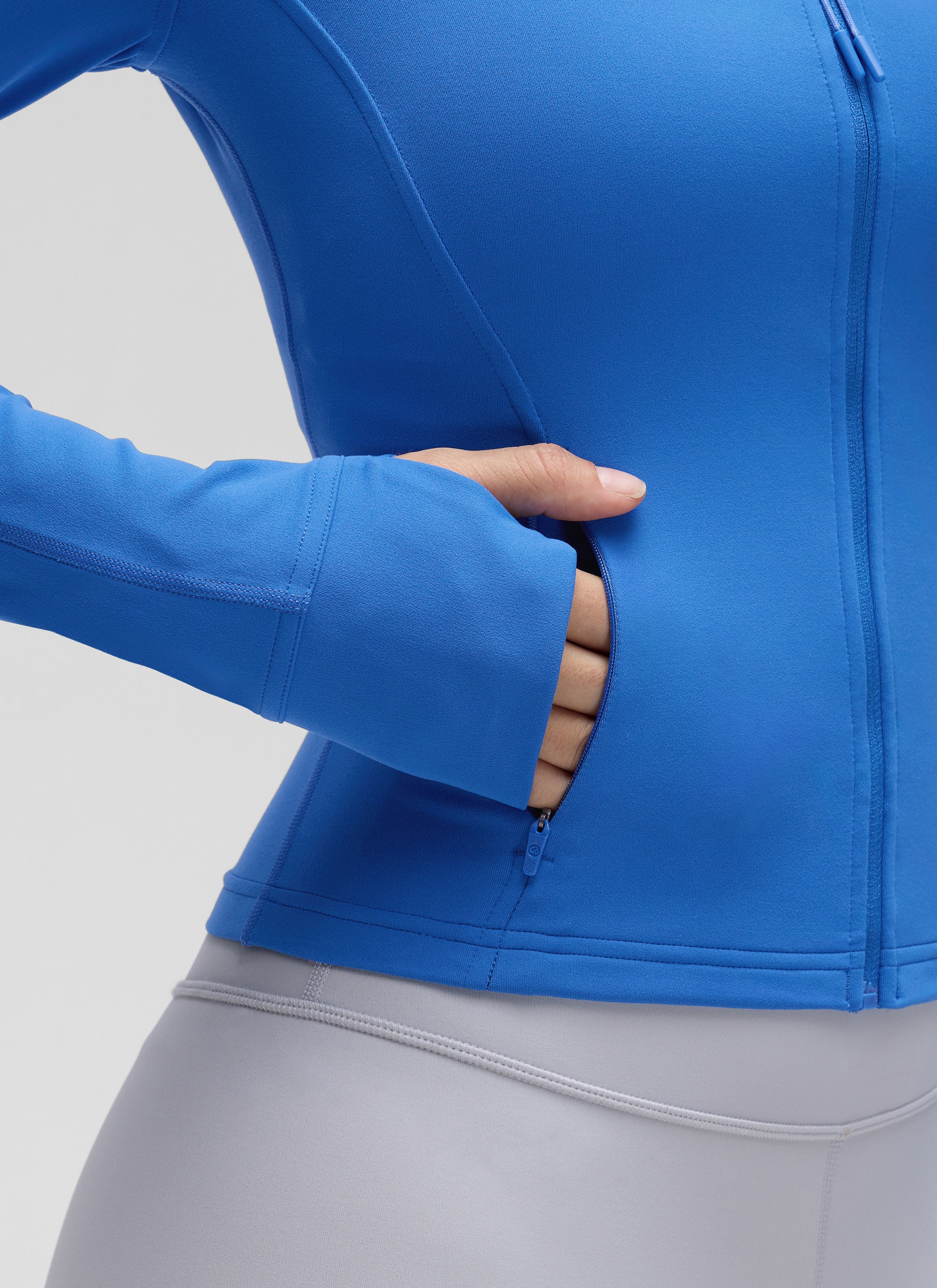 CRZ YOGA Wanita Butterluxe Jaket Pakaian Luar Berpoket Potong Berzip Penuh Biru Berkilau