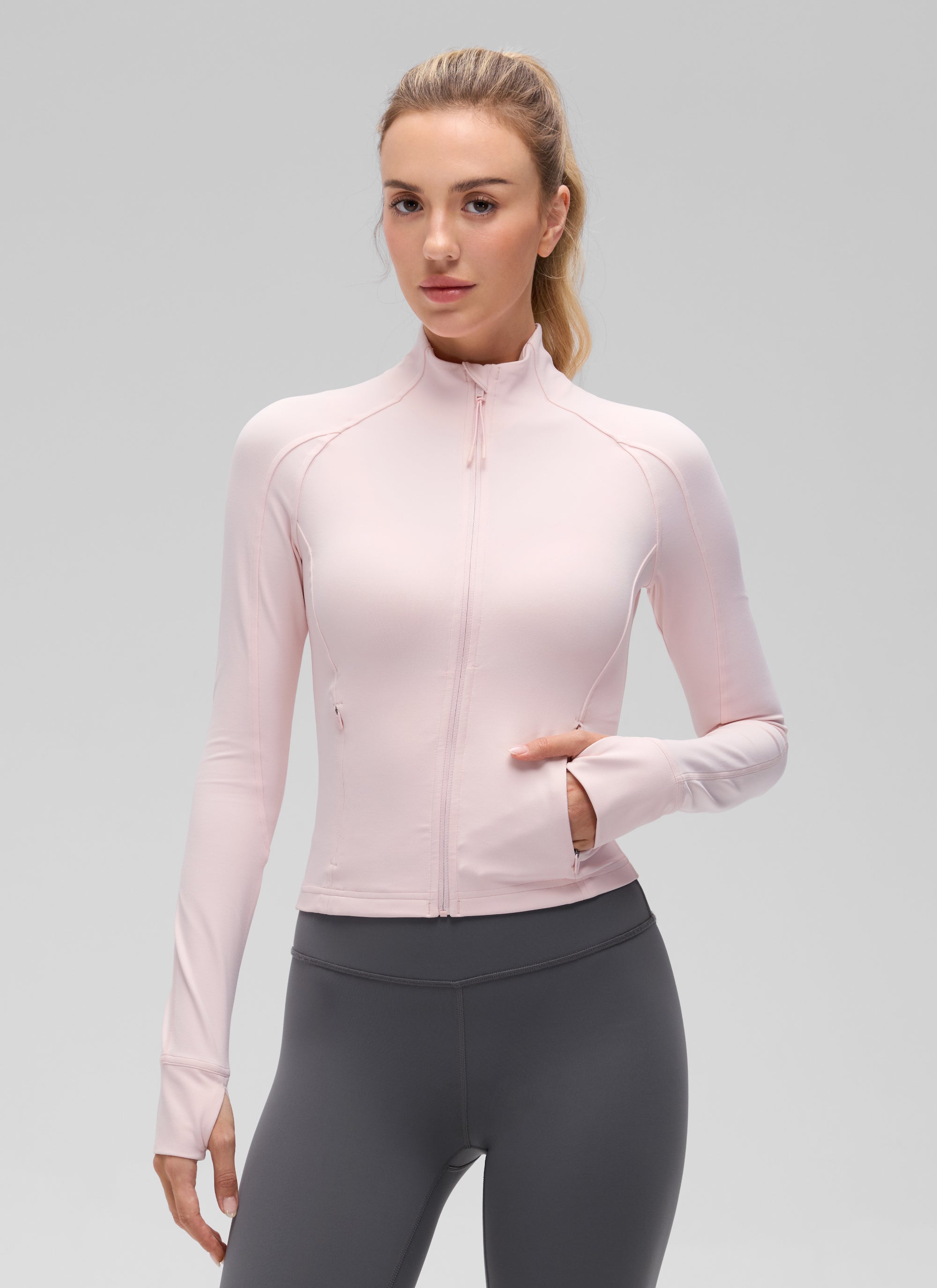 CRZ YOGA Wanita Butterluxe Jaket Pakaian Luar Berpoket Potong Berzip Penuh Strawberi Merah Jambu