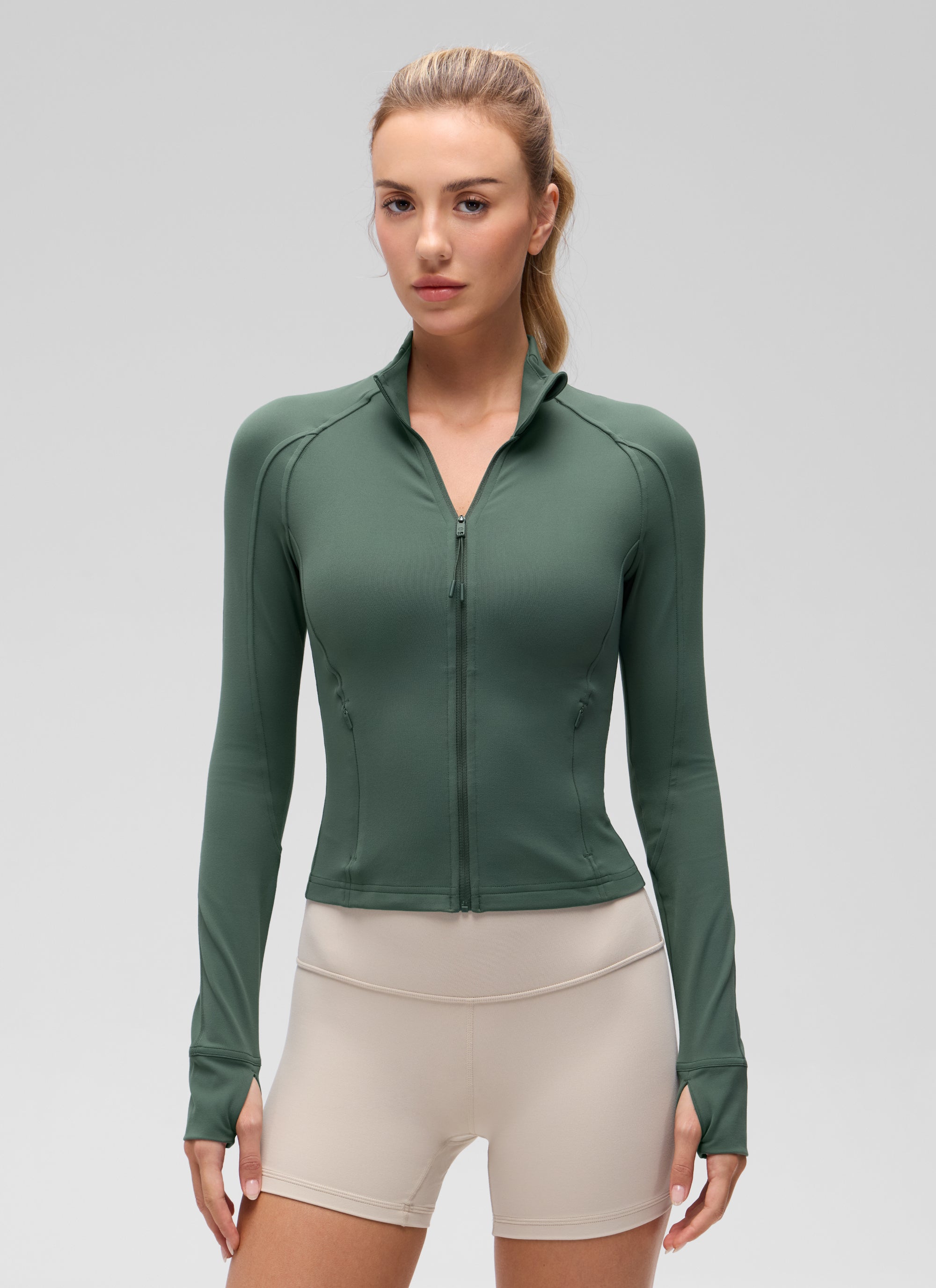CRZ YOGA Wanita Butterluxe Jaket Pakaian Luar Berzip Penuh Poket Potong Hijau Hutan Gelap