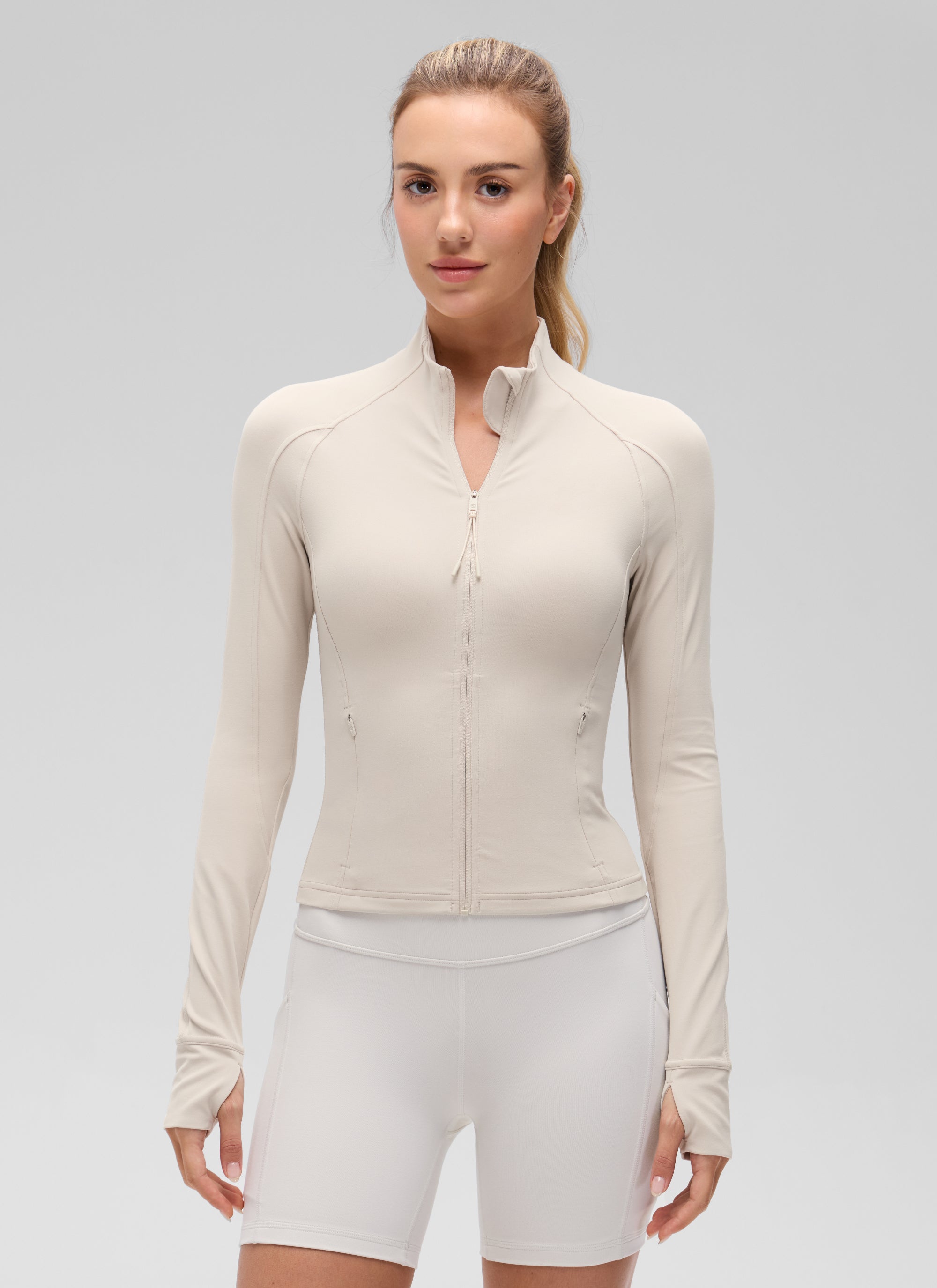 CRZ YOGA Wanita Butterluxe Jaket Pakaian Luar Berzip Penuh Berpoket Potong Warna Coklat Mojave